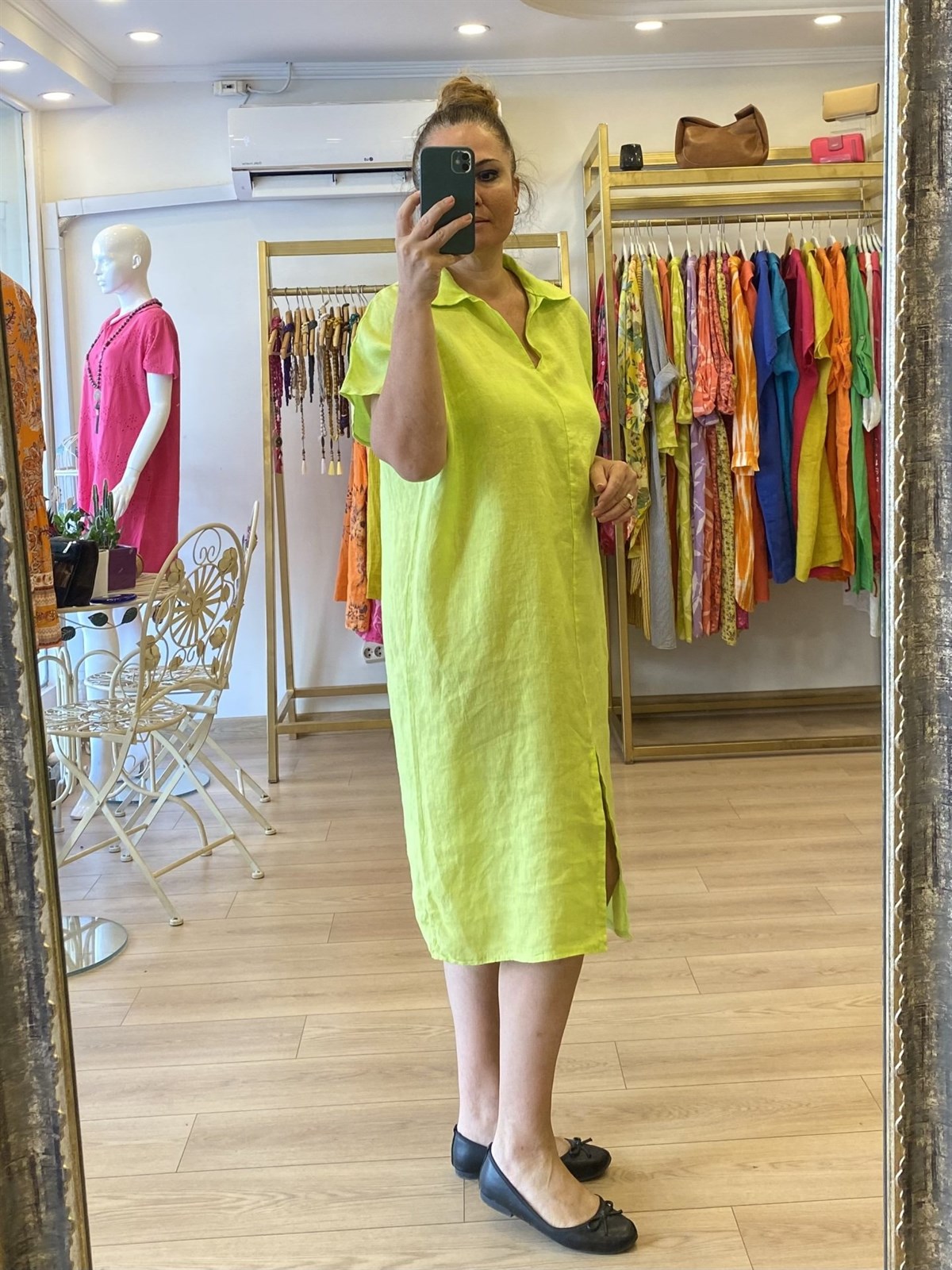 Yakalı Önden Yırtmaçlı Keten Elbise Neon Yeşil