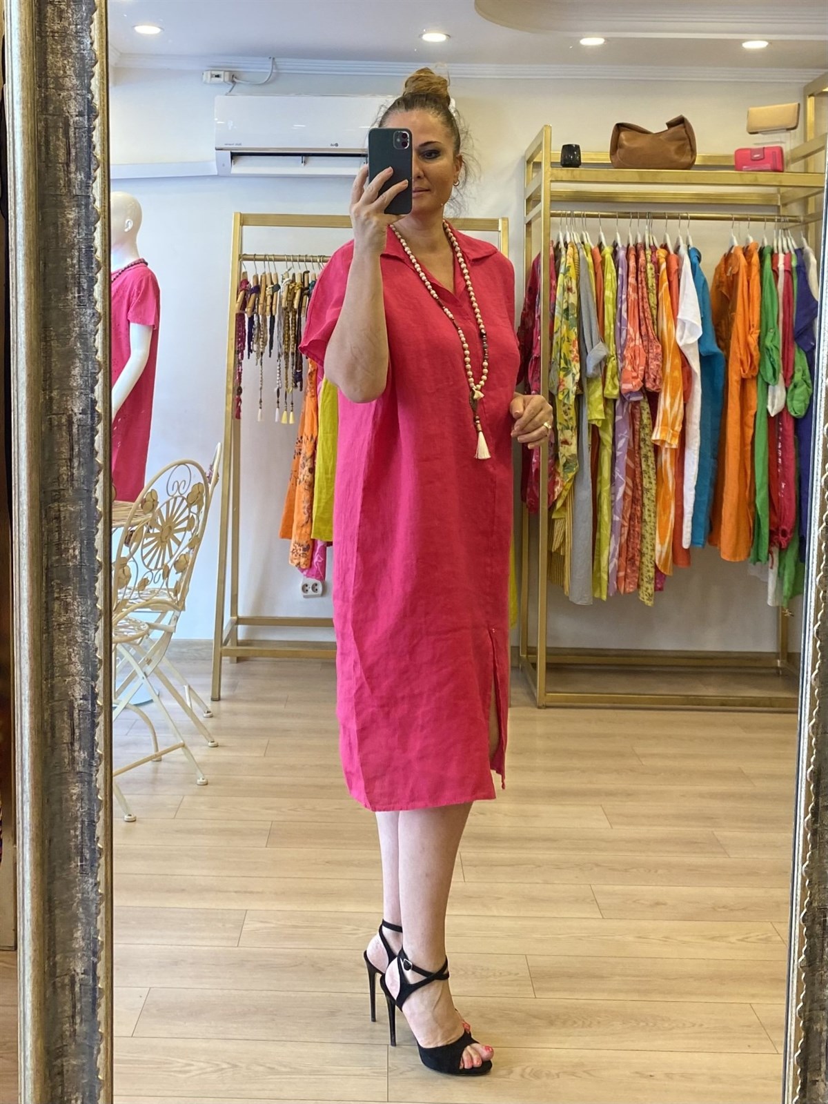 Yakalı Önden Yırtmaçlı Keten Elbise Pembe