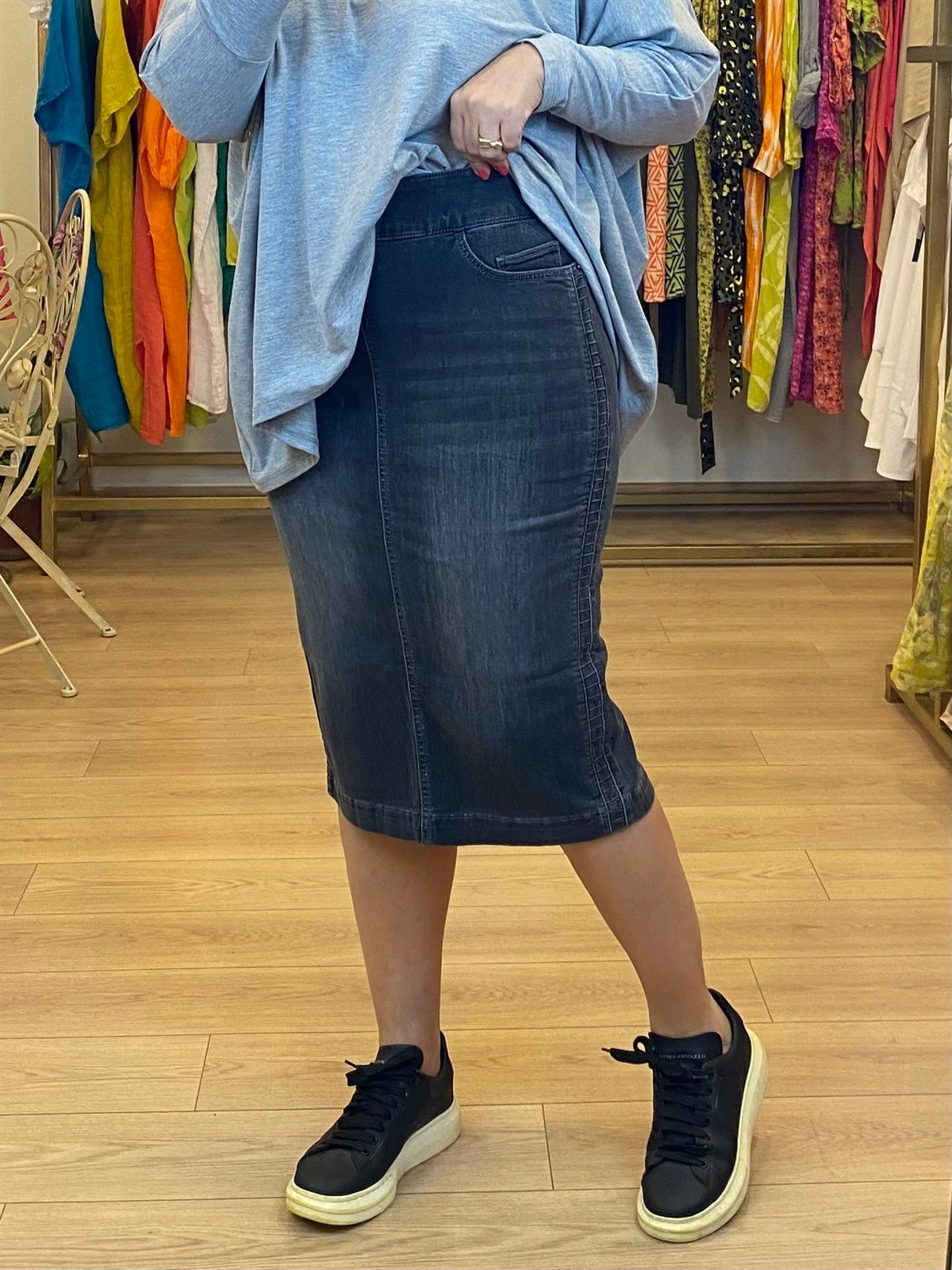 Yan Dikiş Detaylı Kot Etek Füme