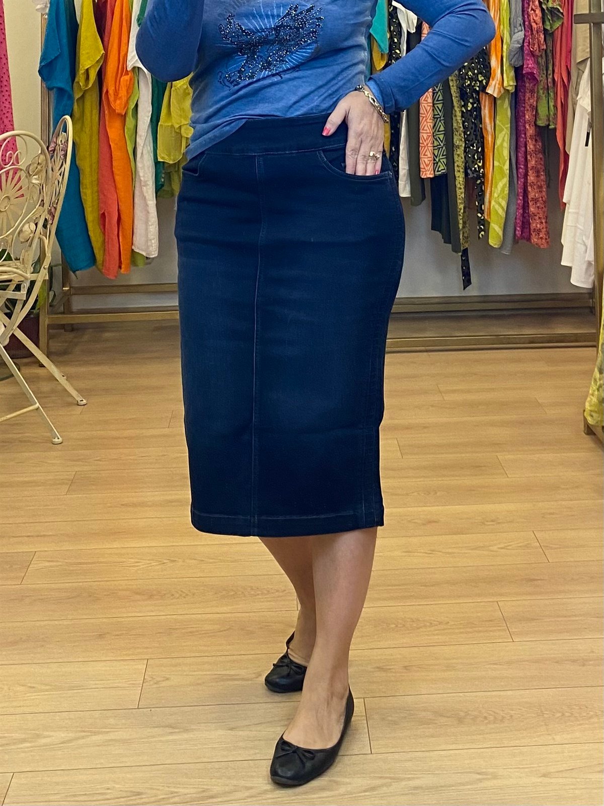 Yan Dikiş Detaylı Kot Etek Lacivert