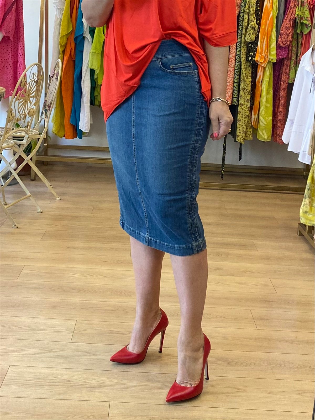 Yan Dikiş Detaylı Kot Etek Mavi