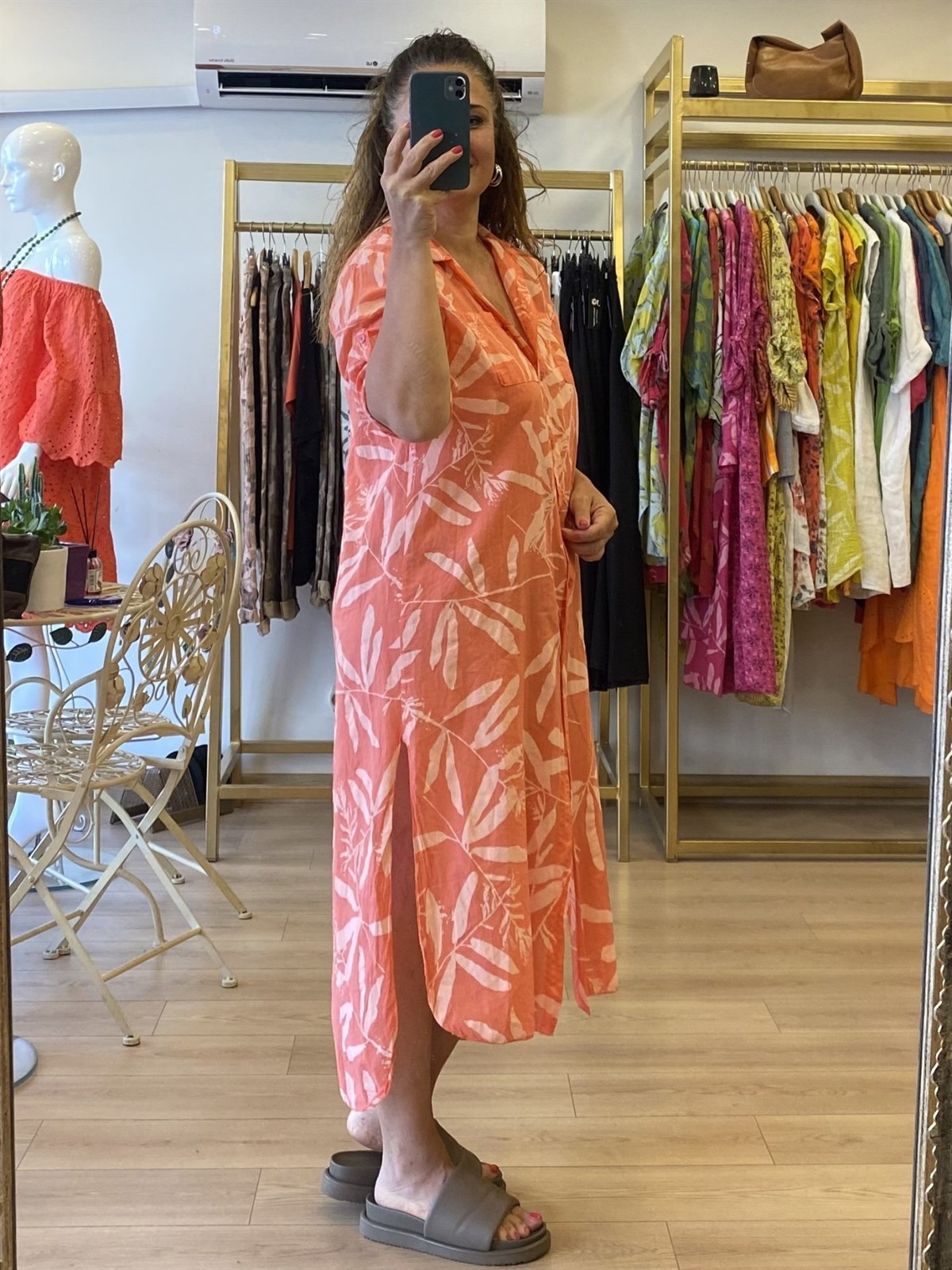 Yaprak Desenli Gömlek Elbise Pembe