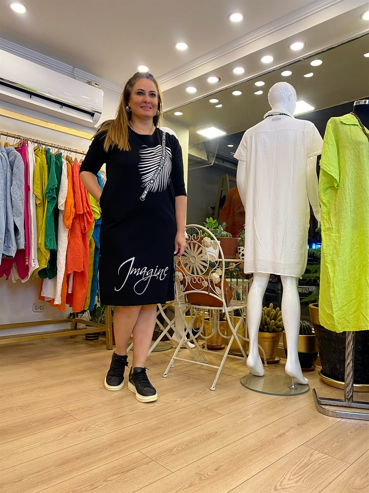 Yaprak Desenli Sweat Kumaş Elbise