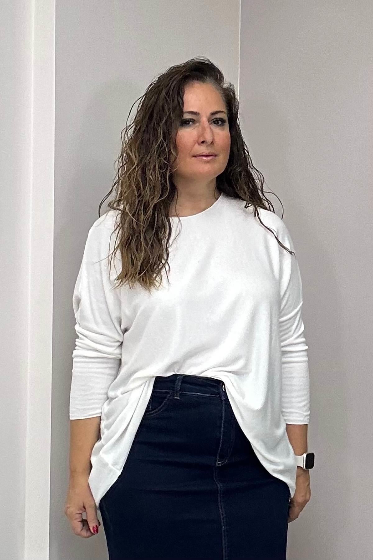 Yuvarlak Yaka Oversize Triko Bluz Beyaz