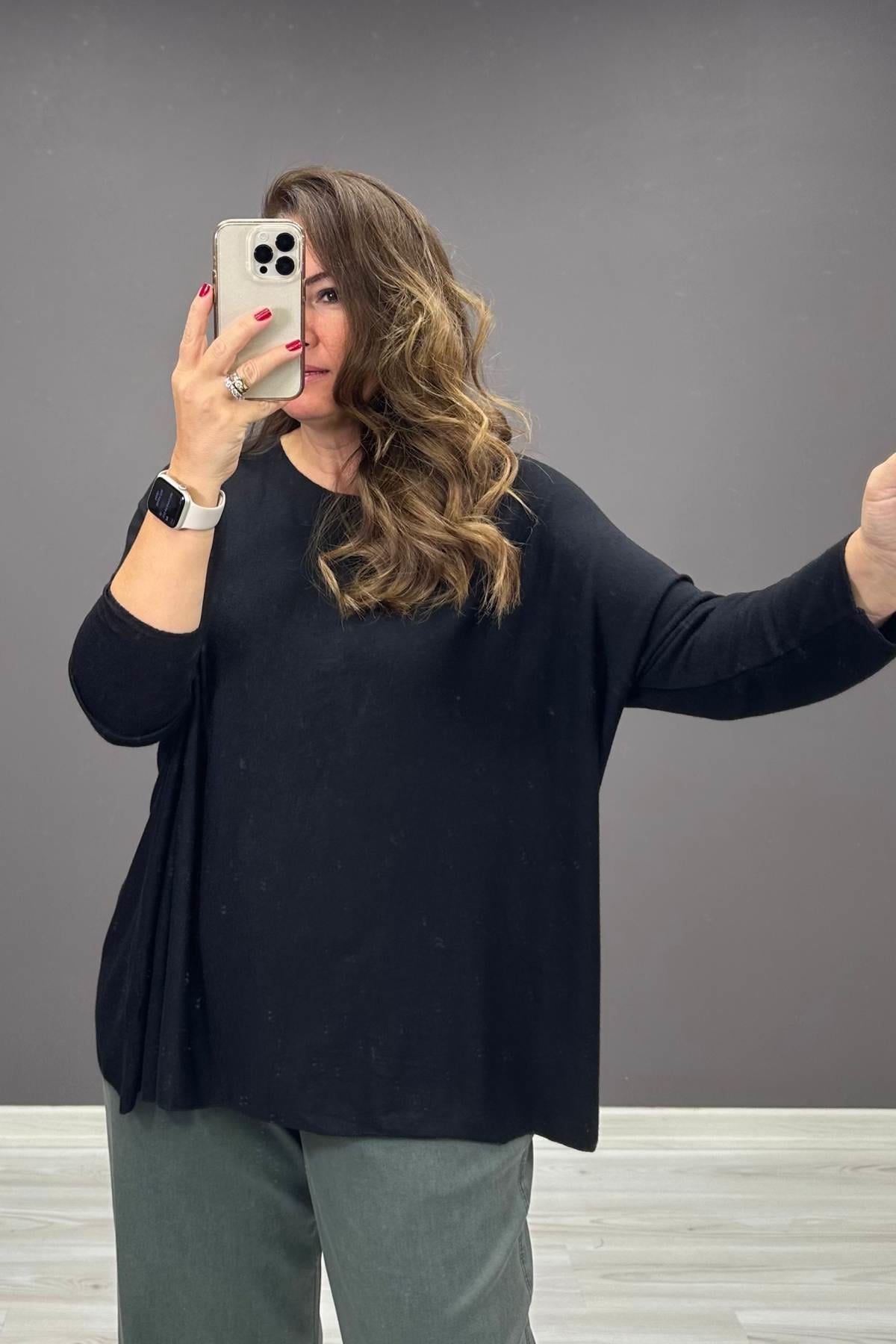 Yuvarlak Yaka Oversize Triko Bluz Siyah