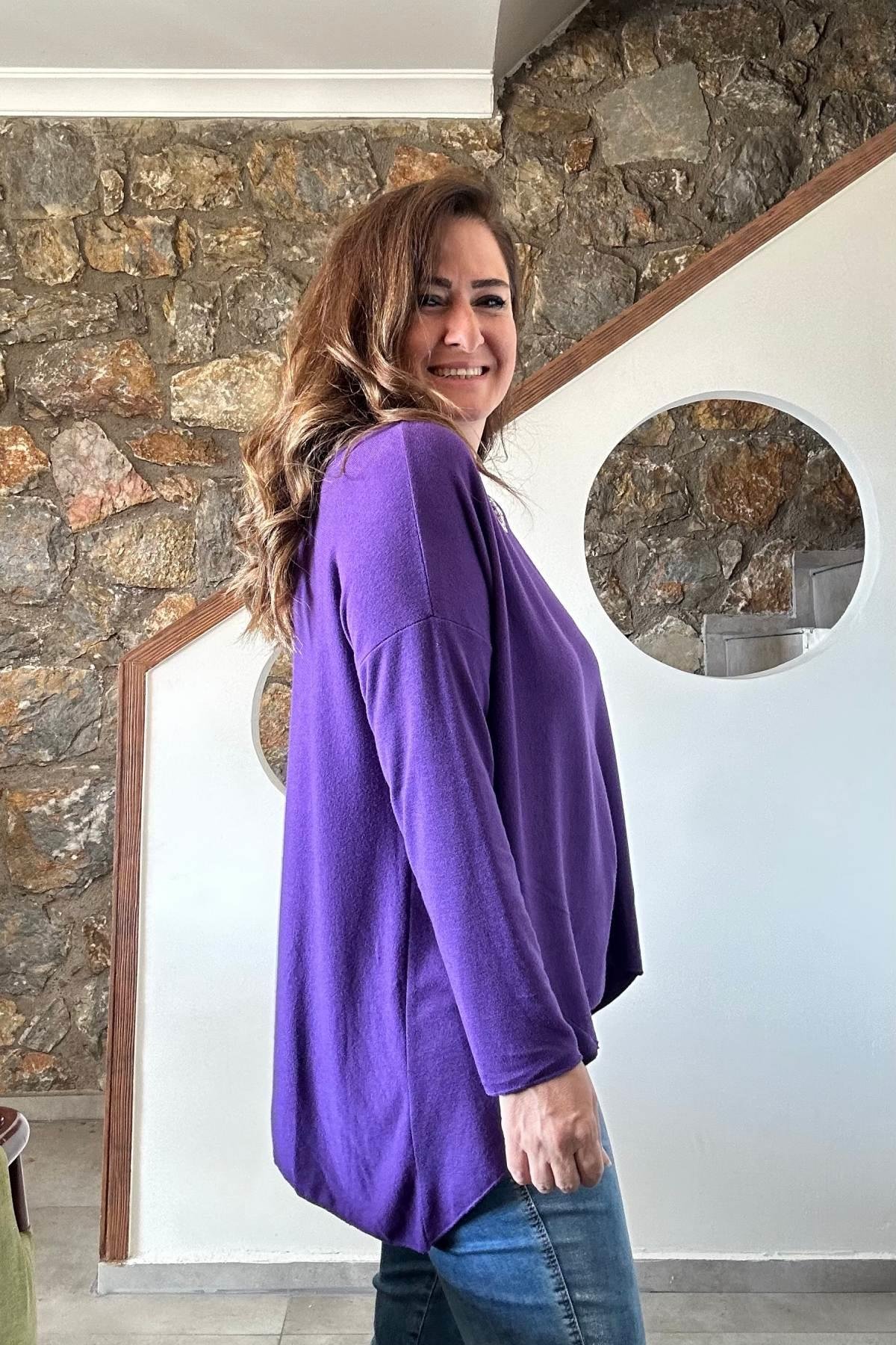 Yuvarlak Yakalı Taş İşleme Detaylı Triko Bluz Mor