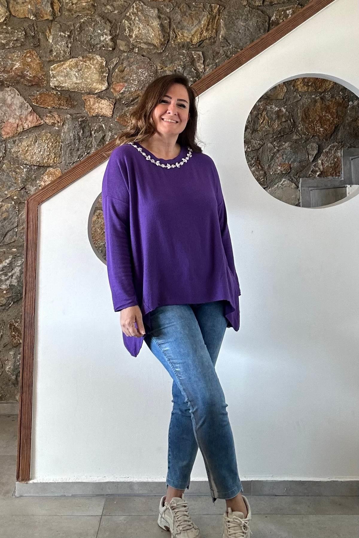 Yuvarlak Yakalı Taş İşleme Detaylı Triko Bluz Mor