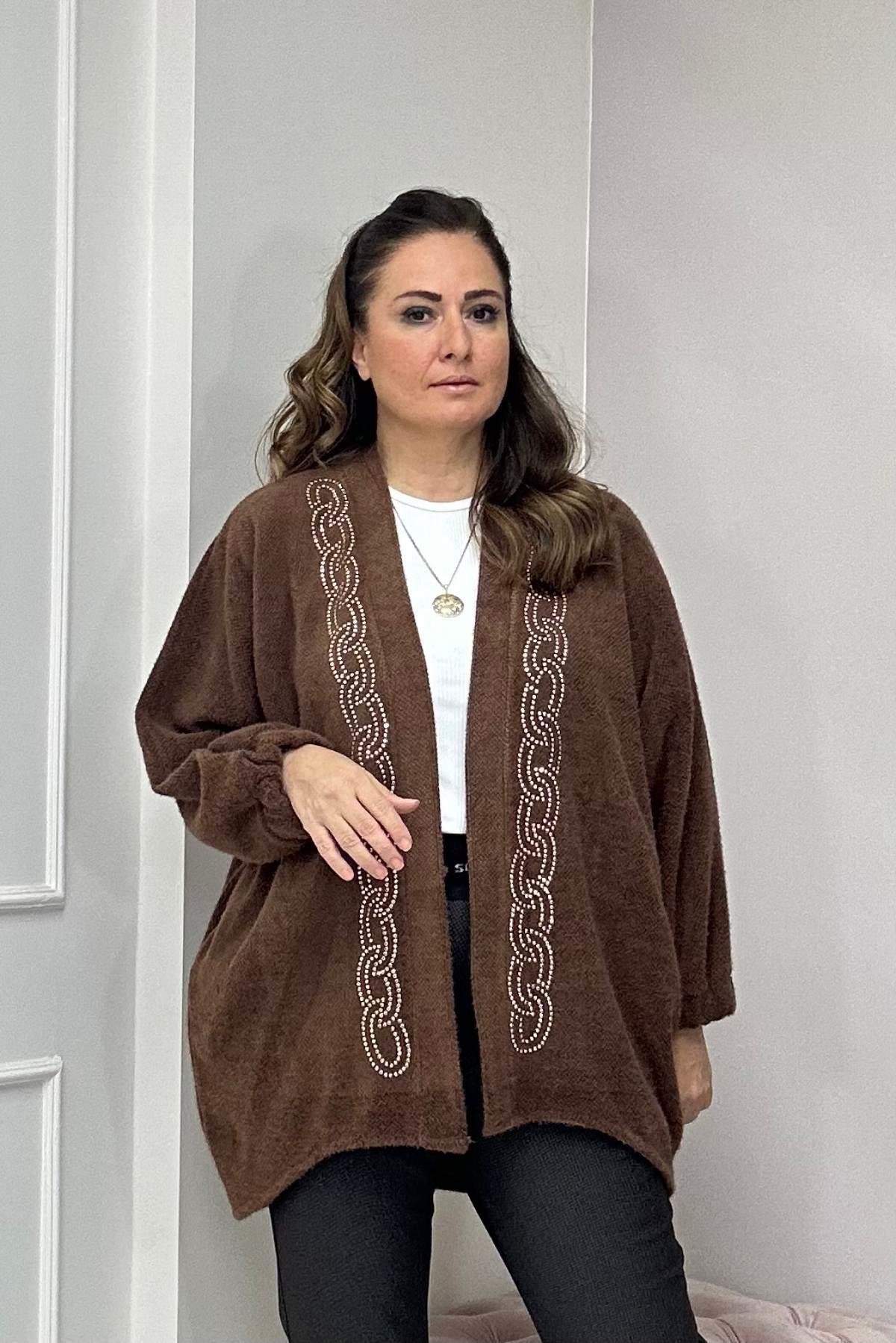 Zincir Desen Taş Detaylı Hırka-Kahverengi