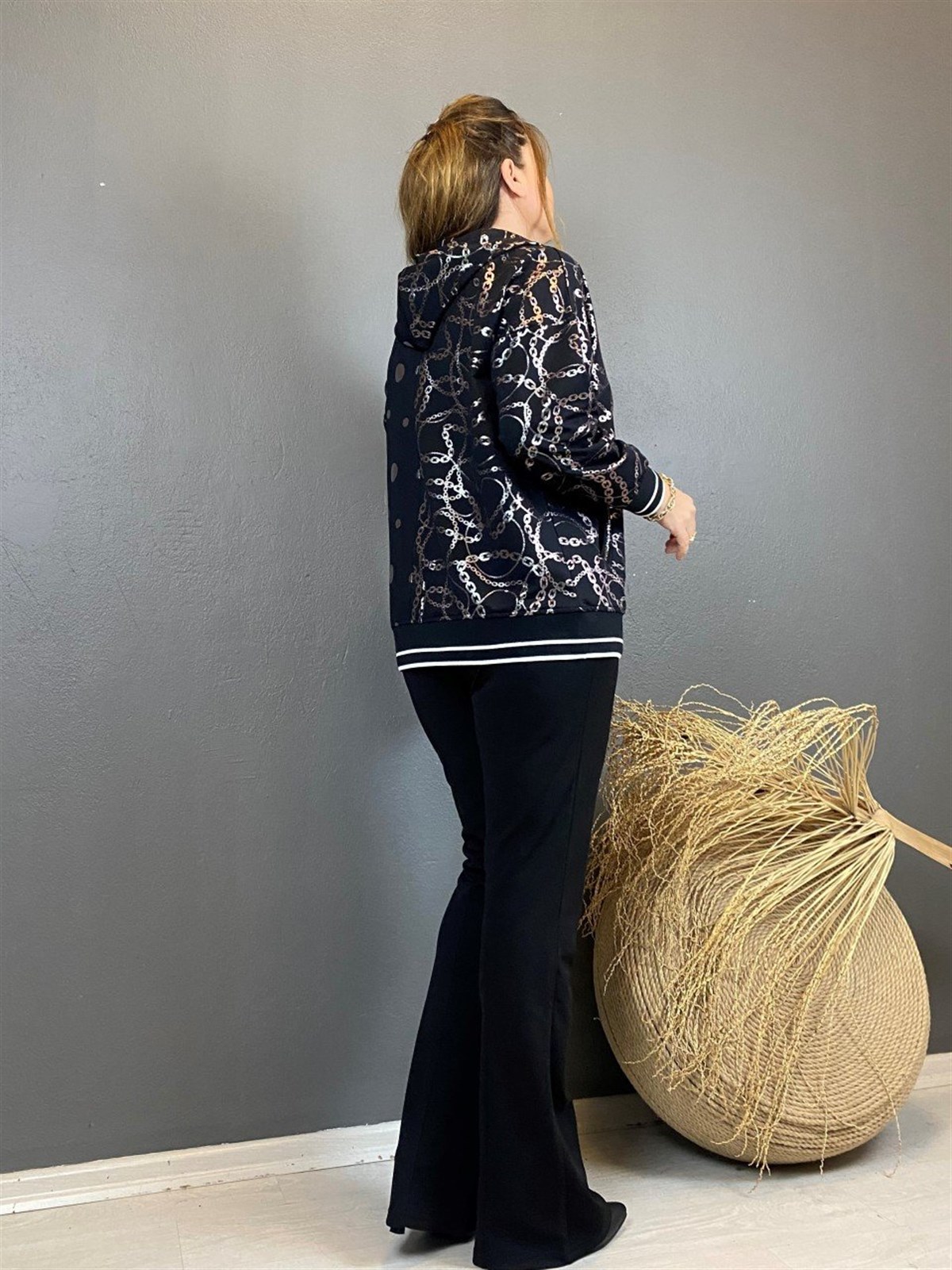 Zincir Desenli Kapüşonlu Ceket