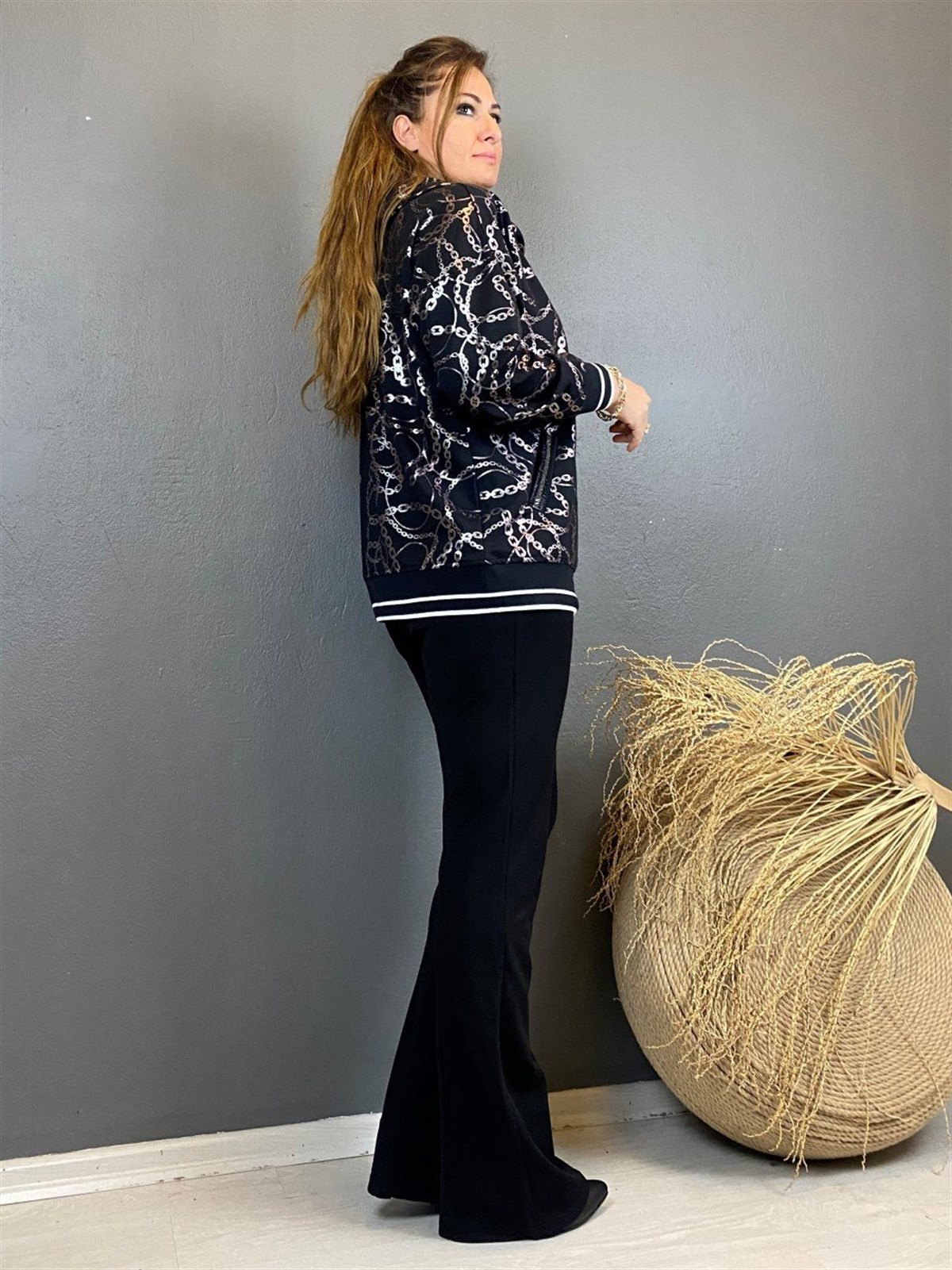 Zincir Desenli Kapüşonlu Ceket