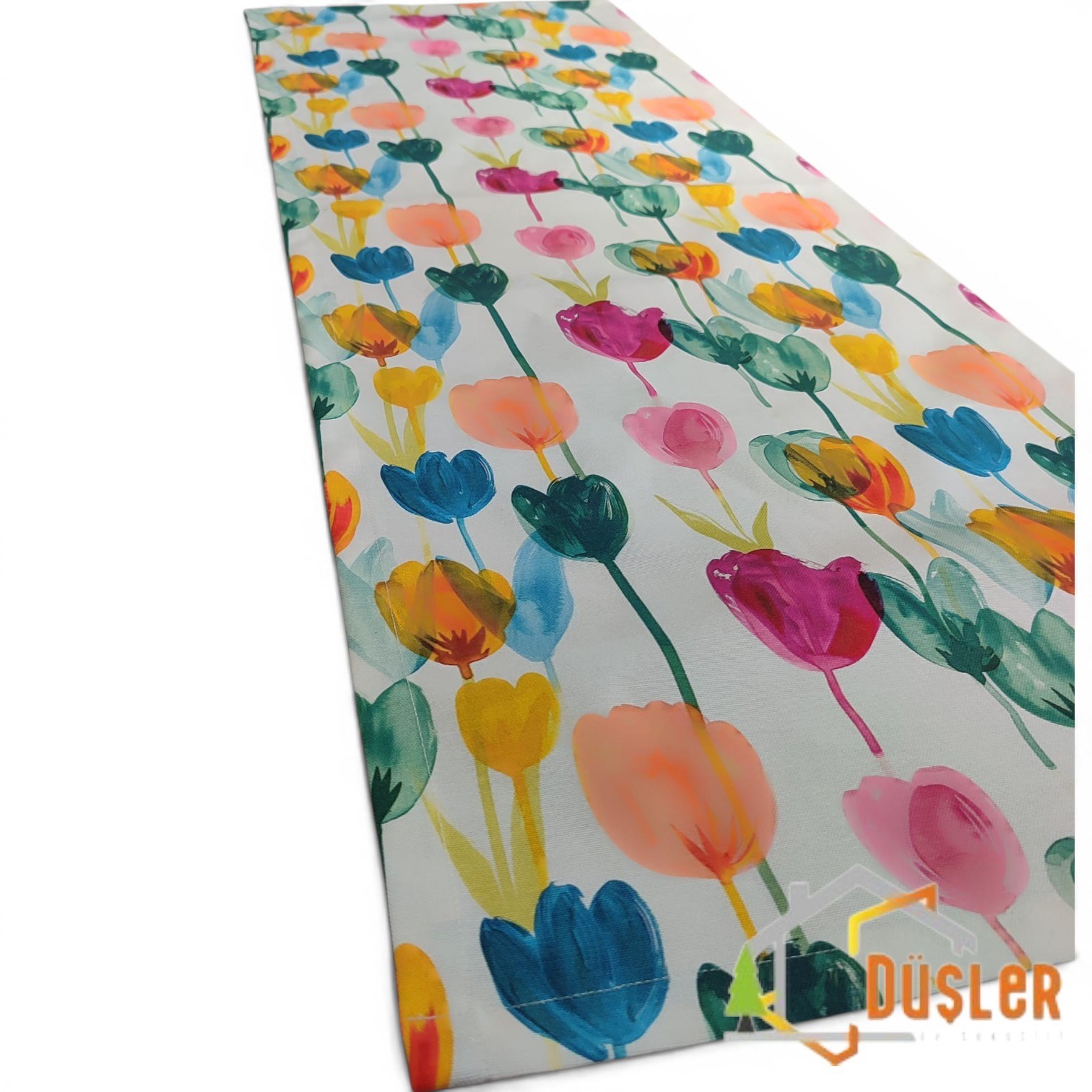 Düşler Ev Tekstili 40x120 Rengarenk Lale Desenli Su ve Leke İtici Duck Kumaş Yemek Masası Örtüsü Dikdörtgen Runner 