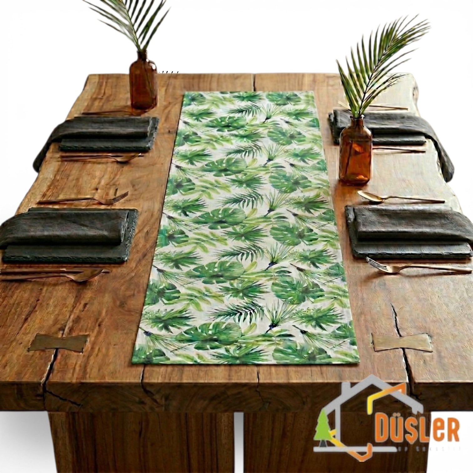 Düşler Ev Tekstili 40x120 Tropikal Palmiye Yeşil Çiçek Yaprak Monstera Desenli Su ve Leke İtici Duck Kumaş Yemek Masası Örtüsü Dikdörtgen Runner 