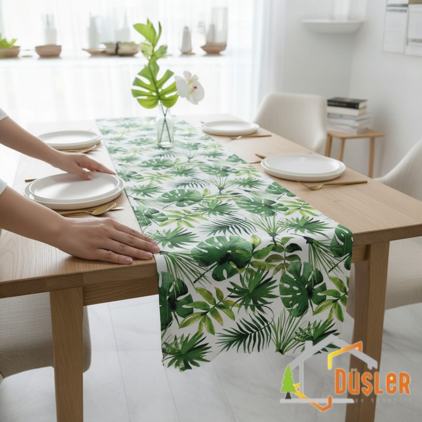 Düşler Ev Tekstili 40x120 Tropikal Palmiye Yeşil Çiçek Yaprak Monstera Desenli Su ve Leke İtici Duck Kumaş Yemek Masası Örtüsü Dikdörtgen Runner 