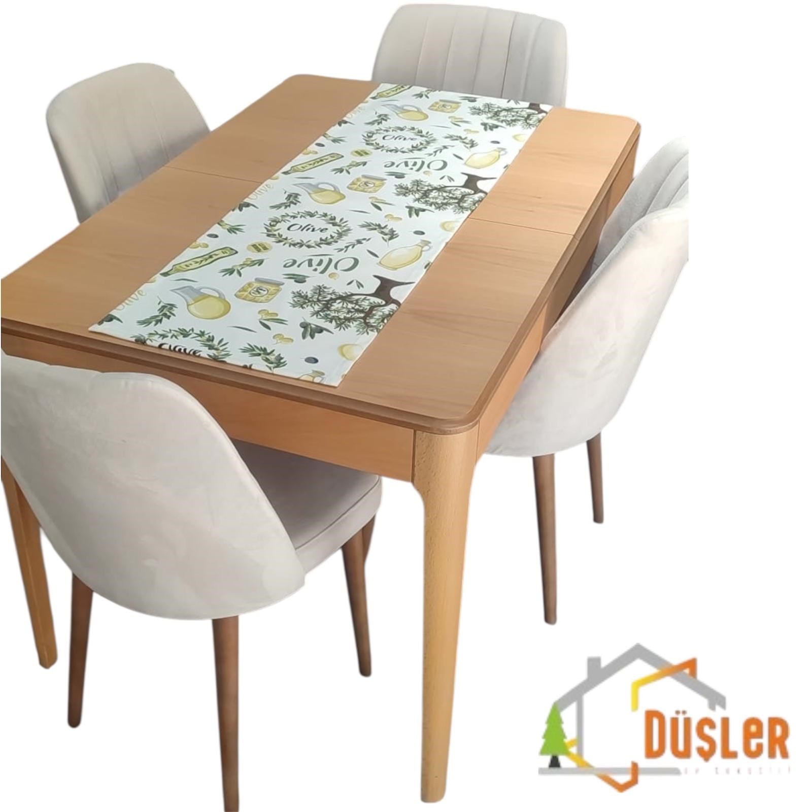Düşler Ev Tekstili 40x120 Zeytin Ağacı Desenli Su ve Leke İtici Duck Kumaş Yemek Masası Örtüsü Dikdörtgen Runner 