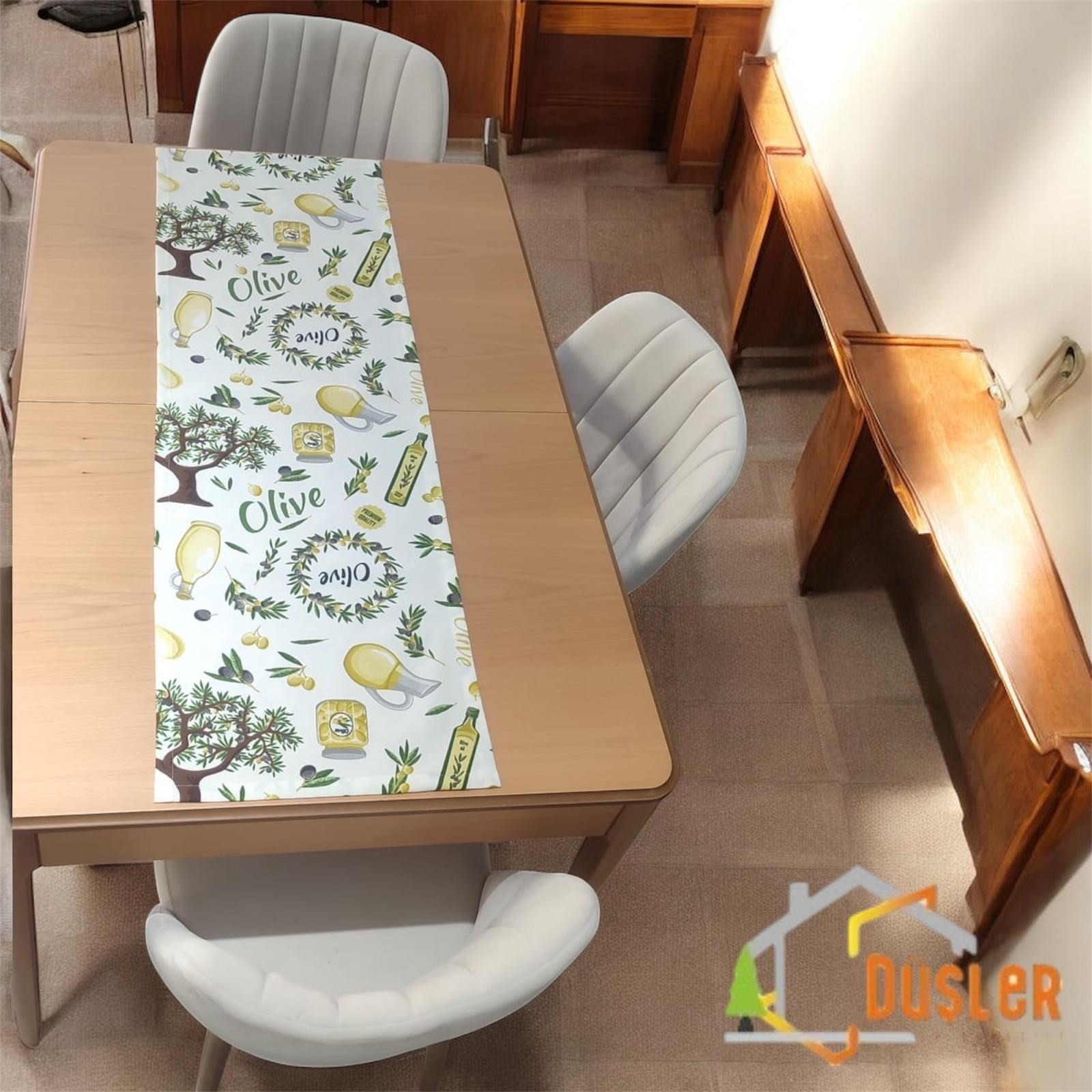 Düşler Ev Tekstili 40x120 Zeytin Ağacı Desenli Su ve Leke İtici Duck Kumaş Yemek Masası Örtüsü Dikdörtgen Runner 