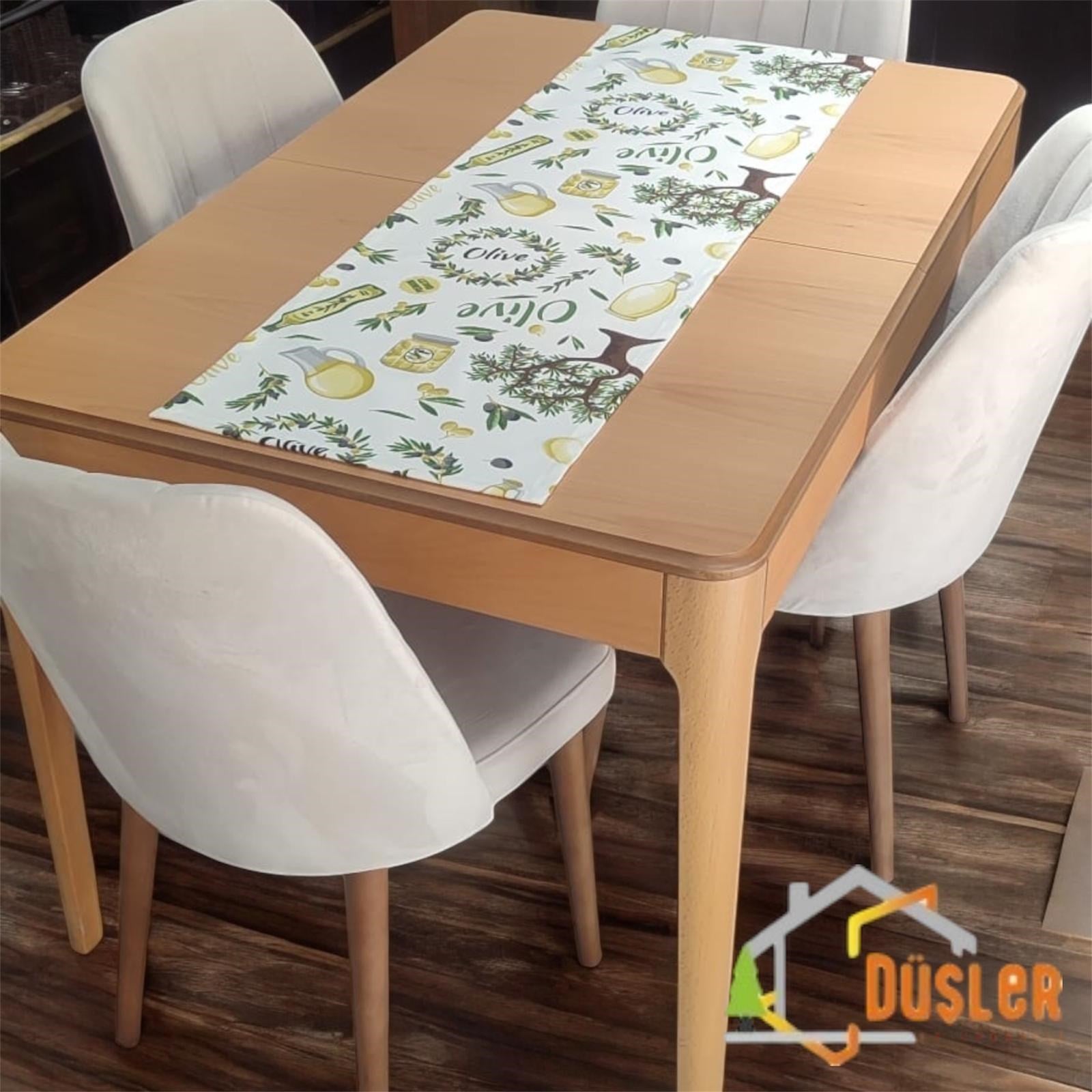 Düşler Ev Tekstili 40x120 Zeytin Ağacı Desenli Su ve Leke İtici Duck Kumaş Yemek Masası Örtüsü Dikdörtgen Runner 