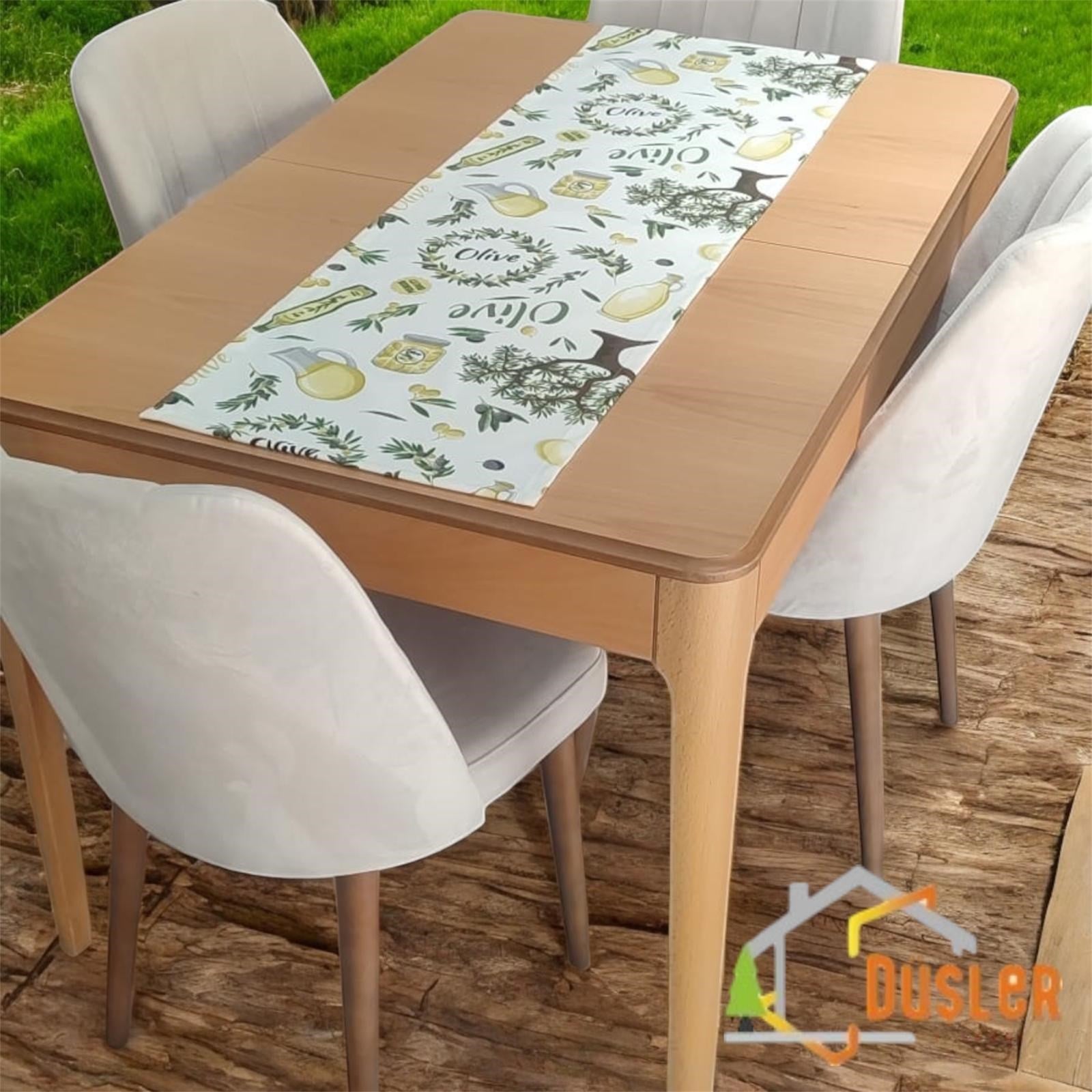 Düşler Ev Tekstili 40x120 Zeytin Ağacı Desenli Su ve Leke İtici Duck Kumaş Yemek Masası Örtüsü Dikdörtgen Runner 