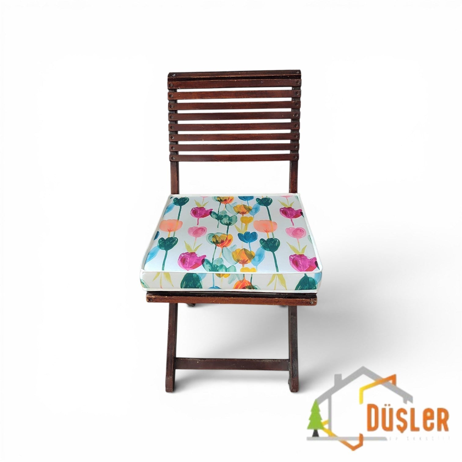 Düşler Ev Tekstili 40x40 Rengarenk Lale Desenli Su ve Leke İtici Duck Kumaş Fermuarlı Bağcıklı Biyeli Sandalye Minderi 5 cm 