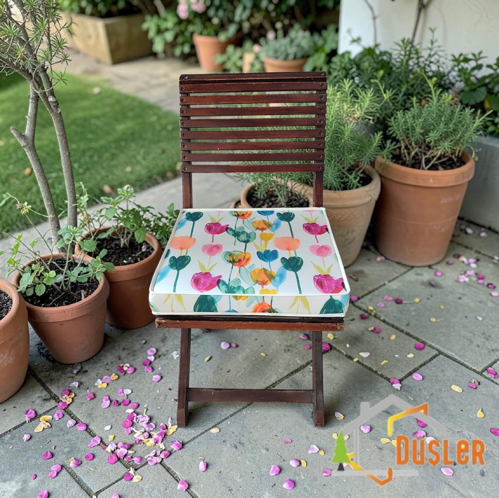 Düşler Ev Tekstili 40x40 Rengarenk Lale Desenli Su ve Leke İtici Duck Kumaş Fermuarlı Bağcıklı Biyeli Sandalye Minderi 5 cm 