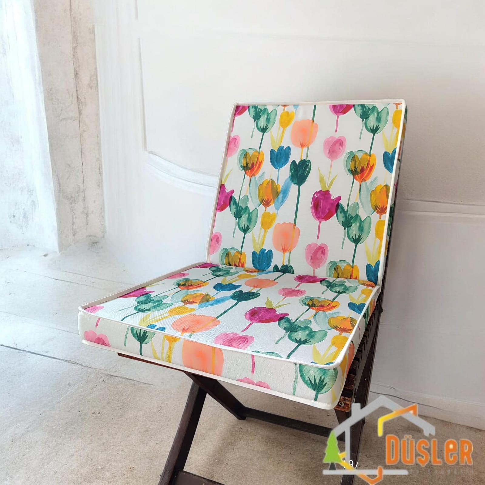 Düşler Ev Tekstili 40x80 Rengarenk Lale Desenli Su ve Leke İtici Duck Kumaş Fermuarlı Bağcıklı Biyeli Sandalye Minderi 5 cm 