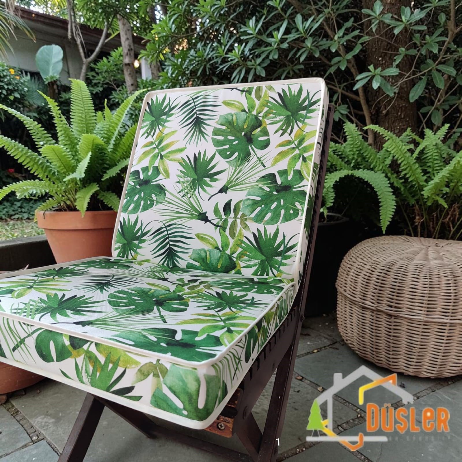 Düşler Ev Tekstili 40x80 Tropikal Palmiye Yeşil Yaprak Monstera Desenli Su ve Leke İtici Duck Kumaş Fermuarlı Bağcıklı Biyeli Sandalye Minderi 5 cm 