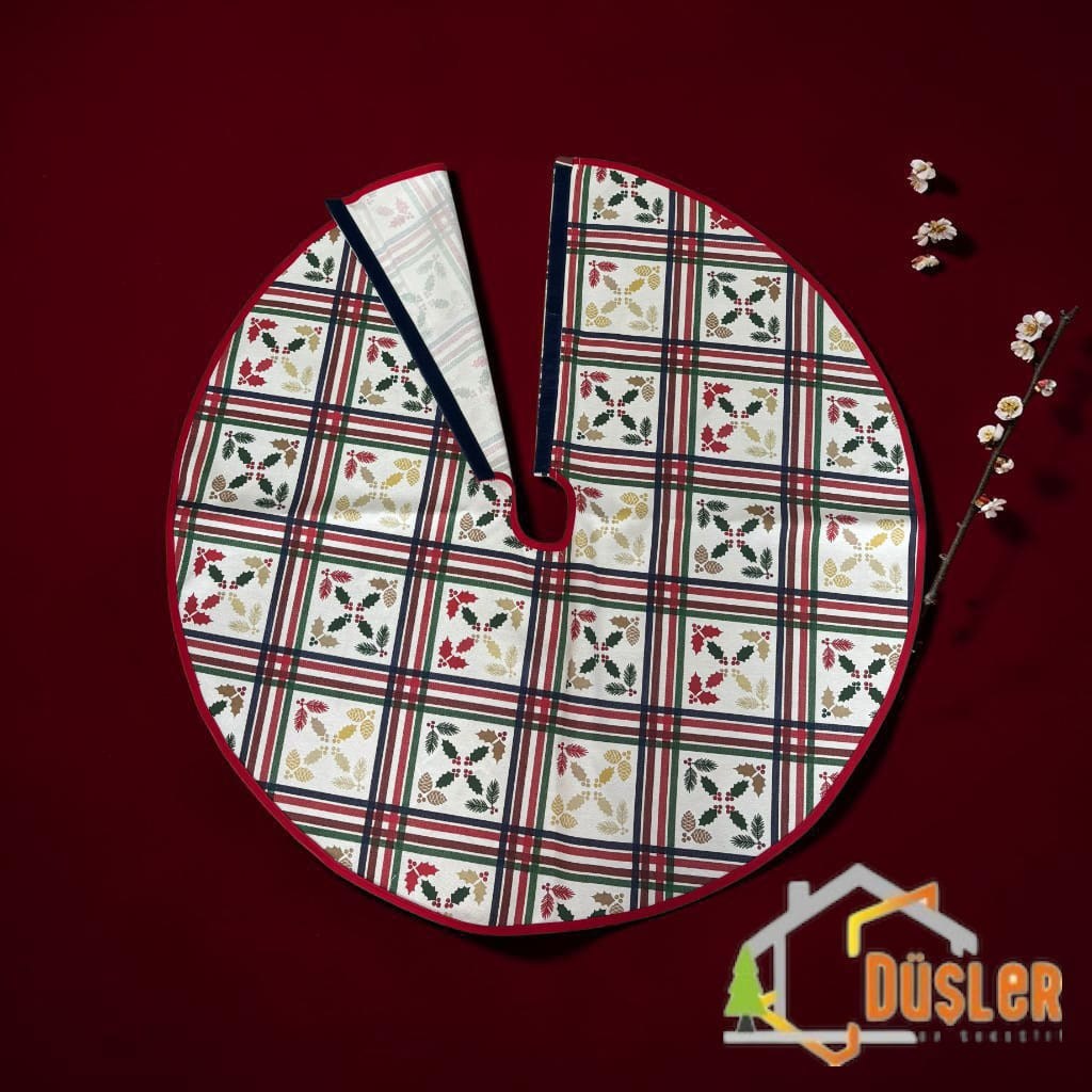 Ekru-Kareli Yılbaşı Temalı Yeniyıl Figür Desenli Yılbaşı Ayak Halısı, Noel Ağacı Altı Örtüsü, Yeniyıl Çam Ağacı Eteği Yıkanabilir Cırtlı