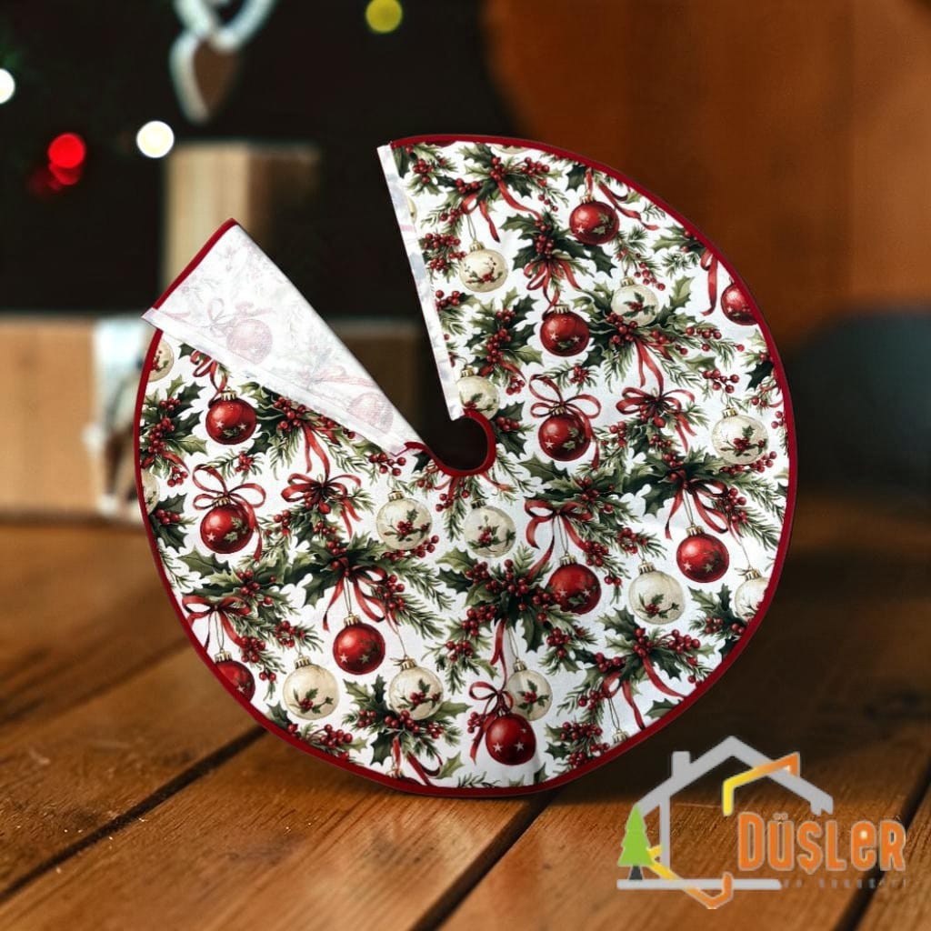 Ekru-Kırmızı Yılbaşı Temalı Yeniyıl Figür Desenli Yılbaşı Ayak Halısı, Noel Ağacı Altı Örtüsü, Yeniyıl Çam Ağacı Eteği Yıkanabilir Cırtlı