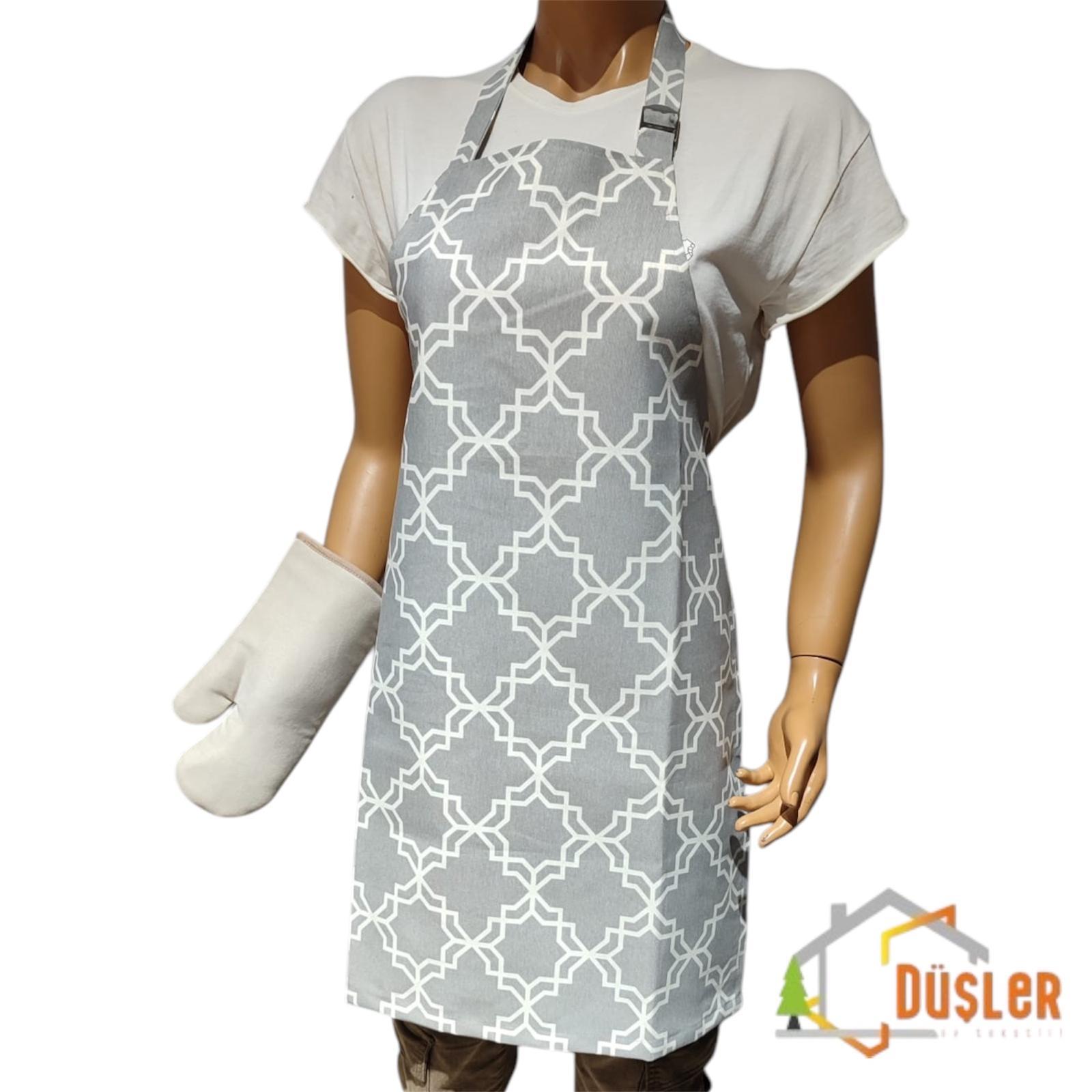 Gri Desenli Ayarlanabilir Su ve Leke İtici Özelliği Bulunan Mutfak Önlüğü