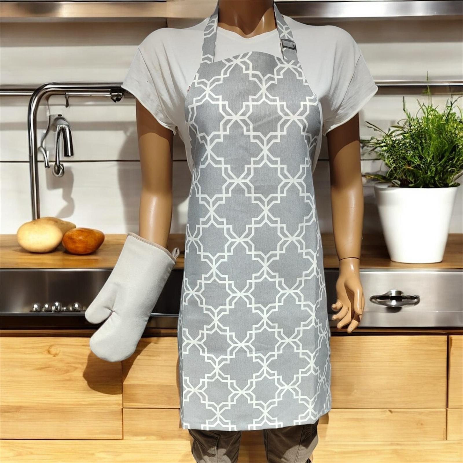Gri Desenli Ayarlanabilir Su ve Leke İtici Özelliği Bulunan Mutfak Önlüğü