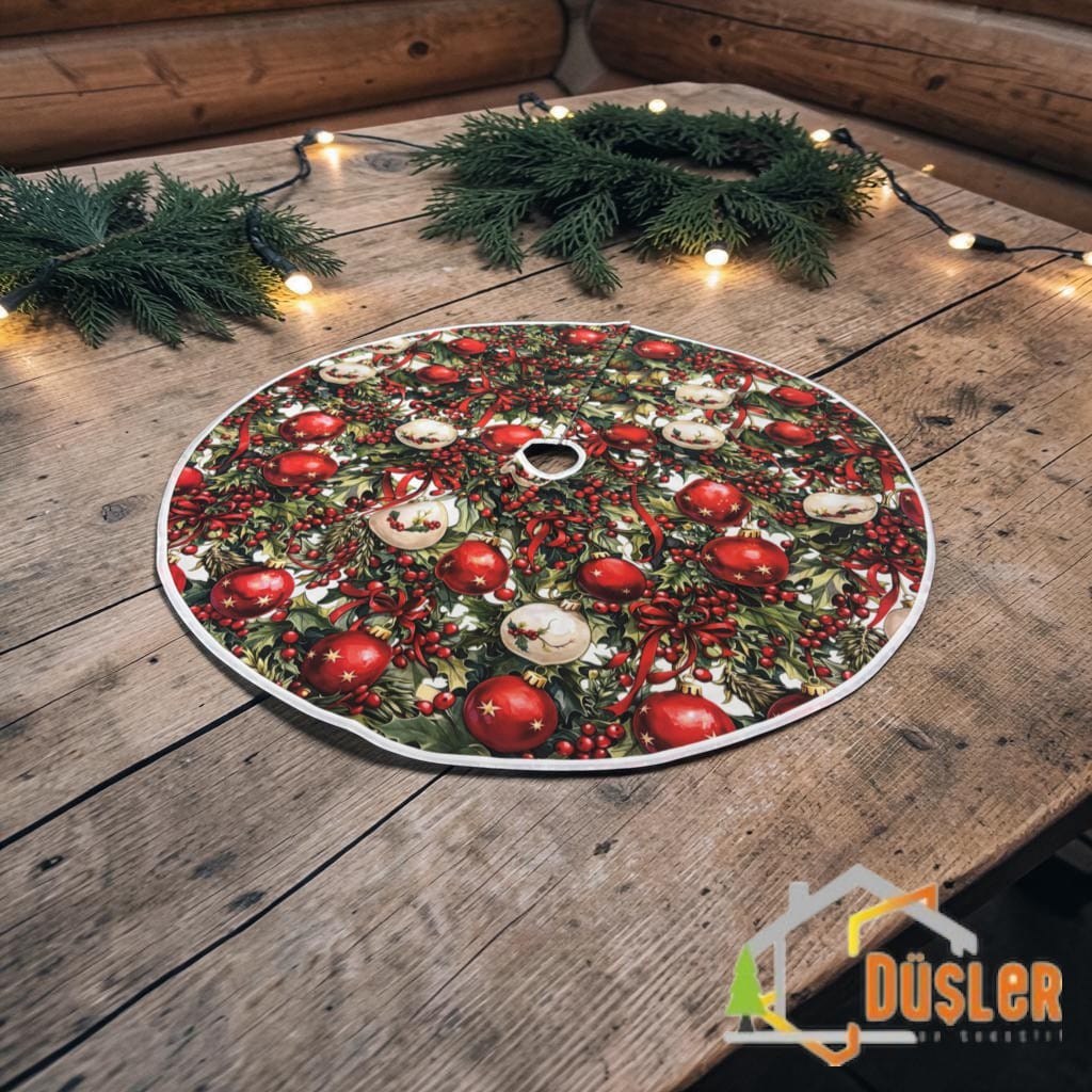 Kırmızı-Yeşil Yılbaşı Temalı Yeniyıl Figür Desenli Yılbaşı Ayak Halısı, Noel Ağacı Altı Örtüsü, Yeniyıl Çam Ağacı Eteği Yıkanabilir Cırtlı