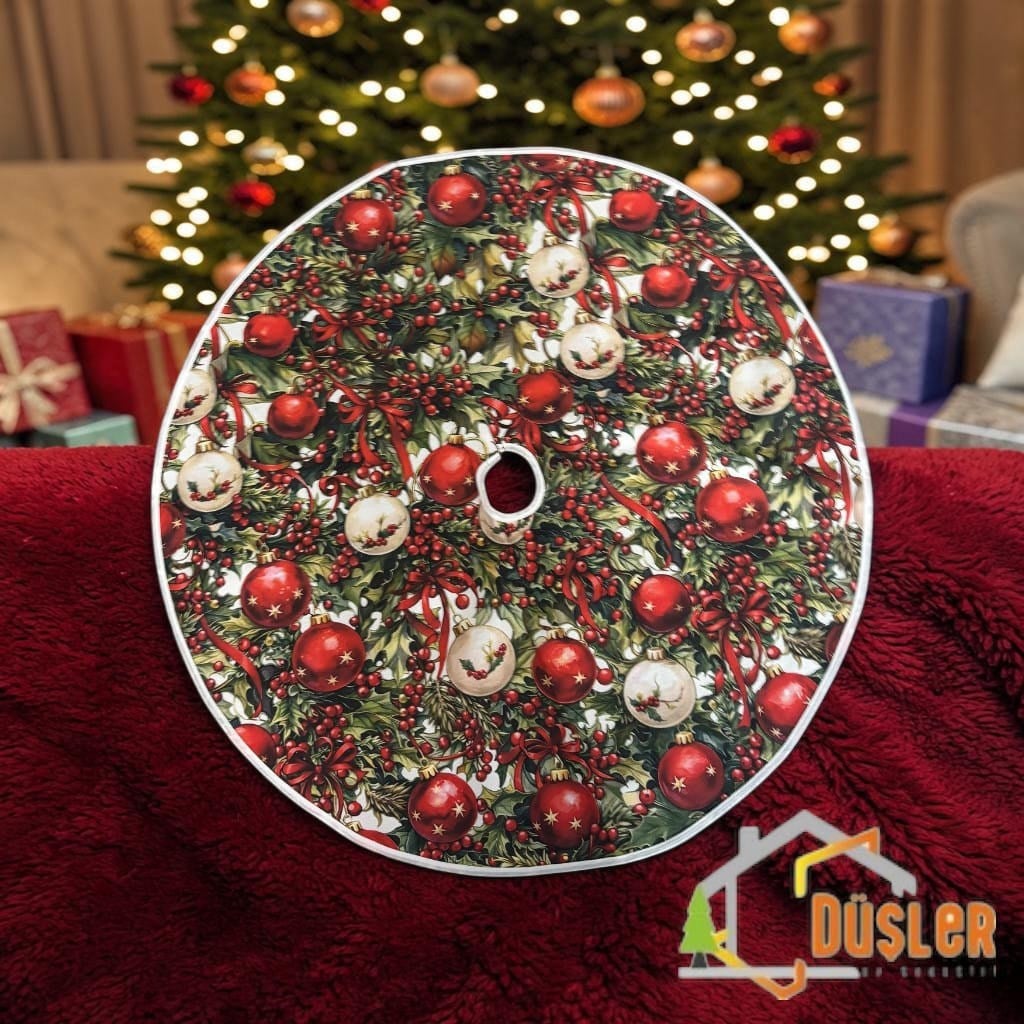 Kırmızı-Yeşil Yılbaşı Temalı Yeniyıl Figür Desenli Yılbaşı Ayak Halısı, Noel Ağacı Altı Örtüsü, Yeniyıl Çam Ağacı Eteği Yıkanabilir Cırtlı