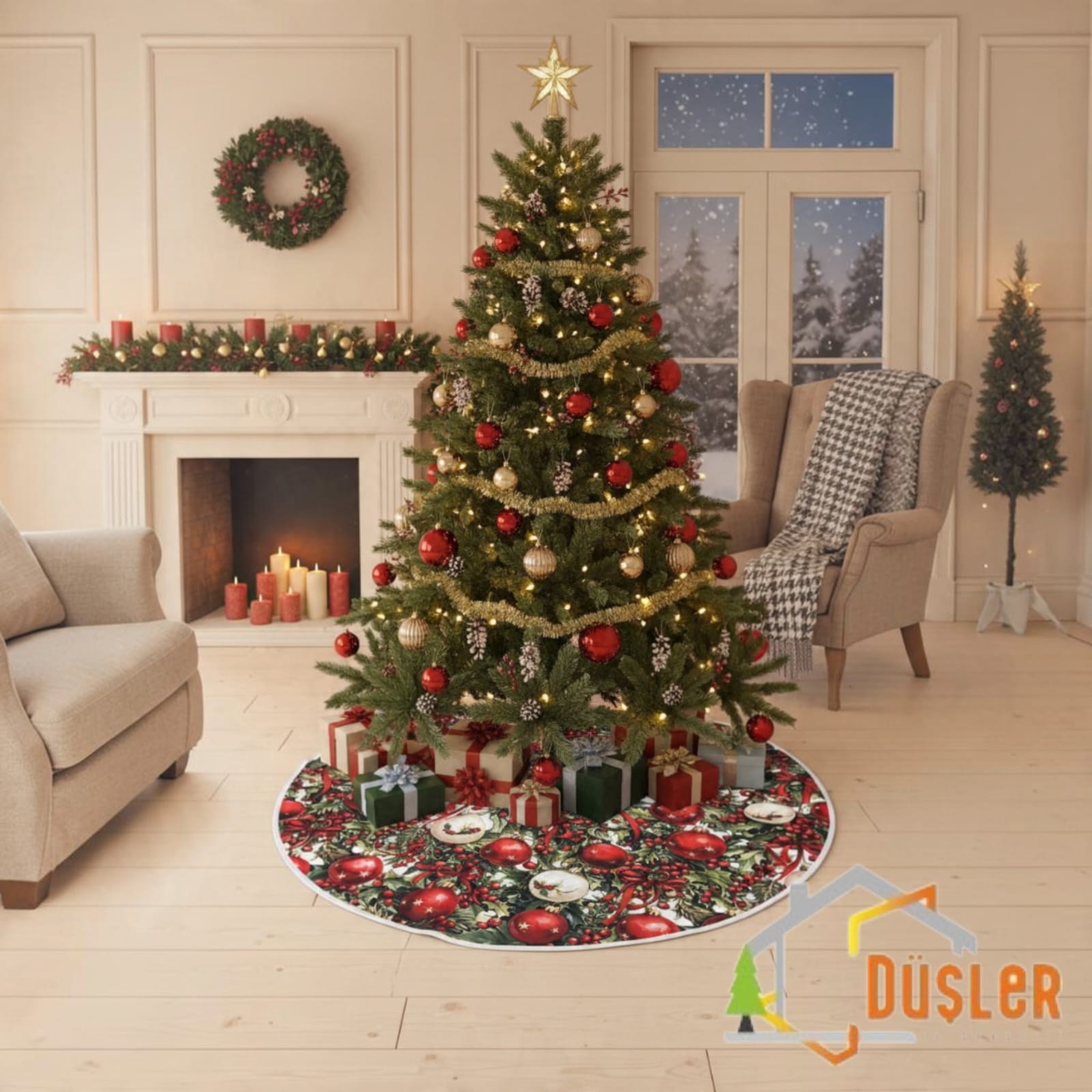 Kırmızı-Yeşil Yılbaşı Temalı Yeniyıl Figür Desenli Yılbaşı Ayak Halısı, Noel Ağacı Altı Örtüsü, Yeniyıl Çam Ağacı Eteği Yıkanabilir Cırtlı