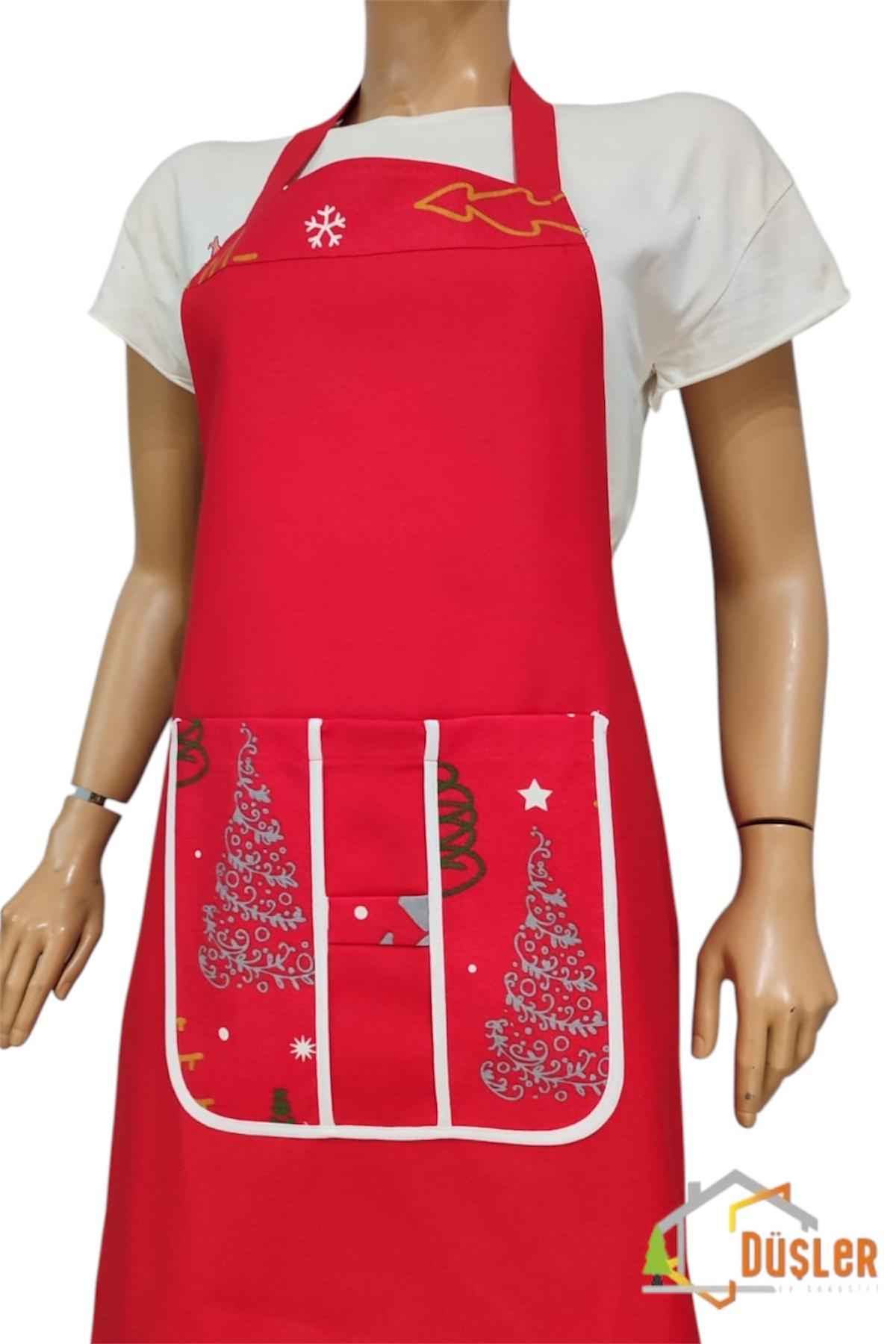 Kırmızı Yılbaşı Çam Cepli Desenli Mutfak Önlüğü
