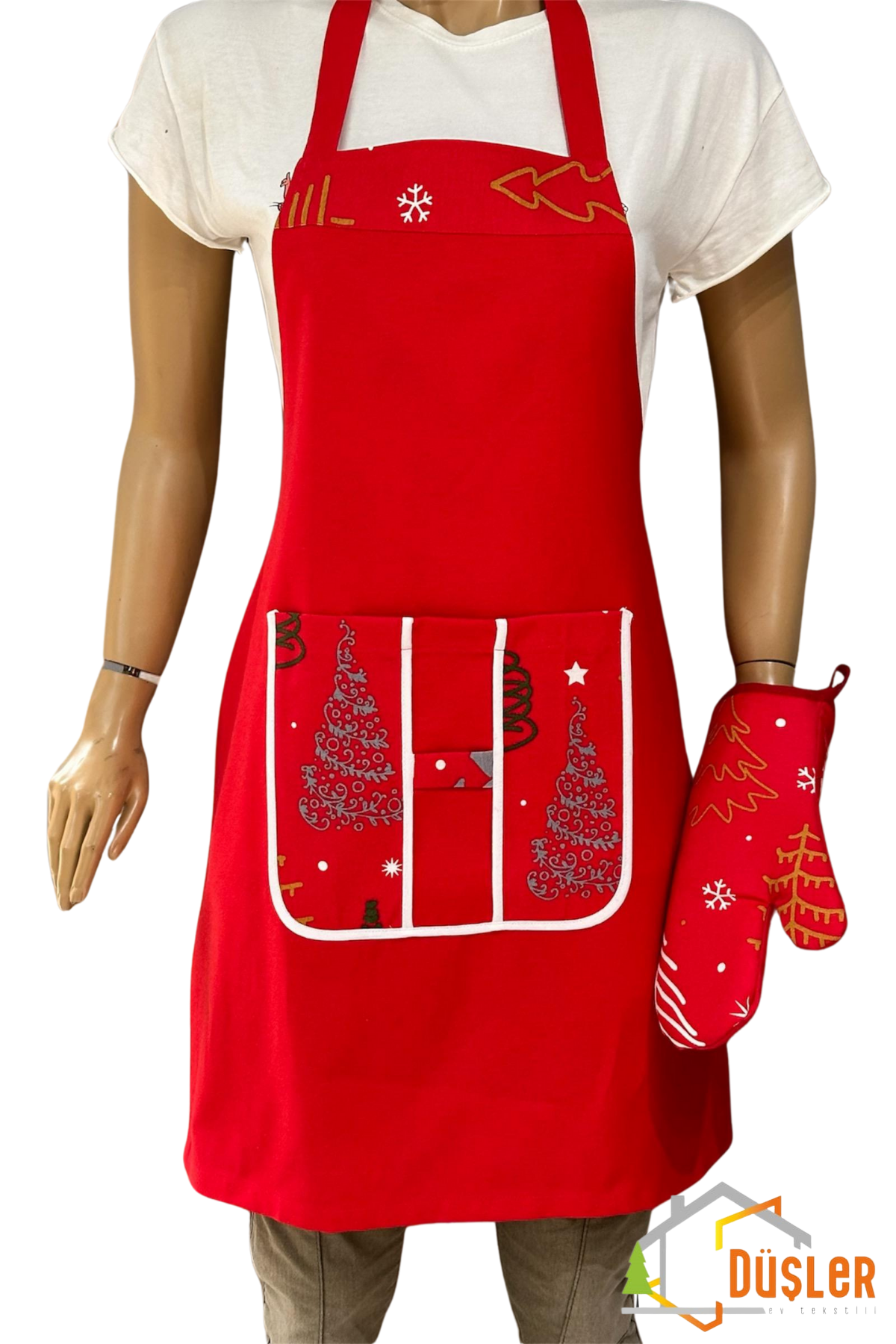 Kırmızı Yılbaşı Çam Cepli Desenli Mutfak Önlüğü