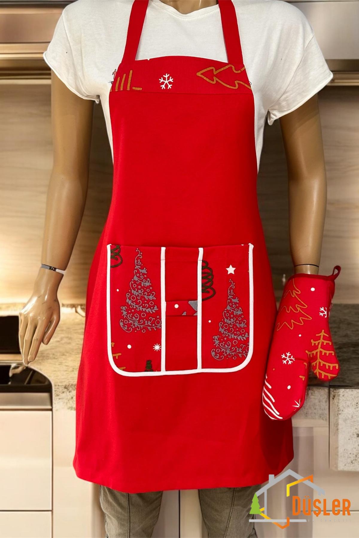 Kırmızı Yılbaşı Çam Cepli Desenli Mutfak Önlüğü
