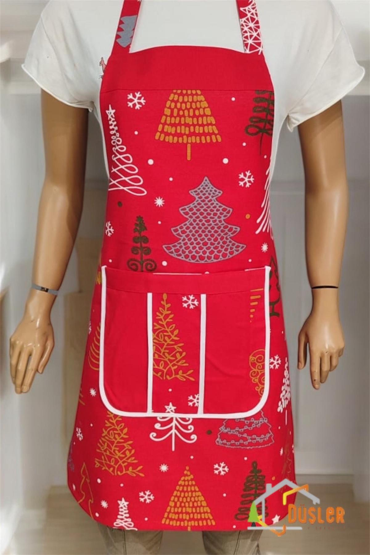 Kırmızı Yılbaşı Çam Desenli Cepli Mutfak Önlüğü