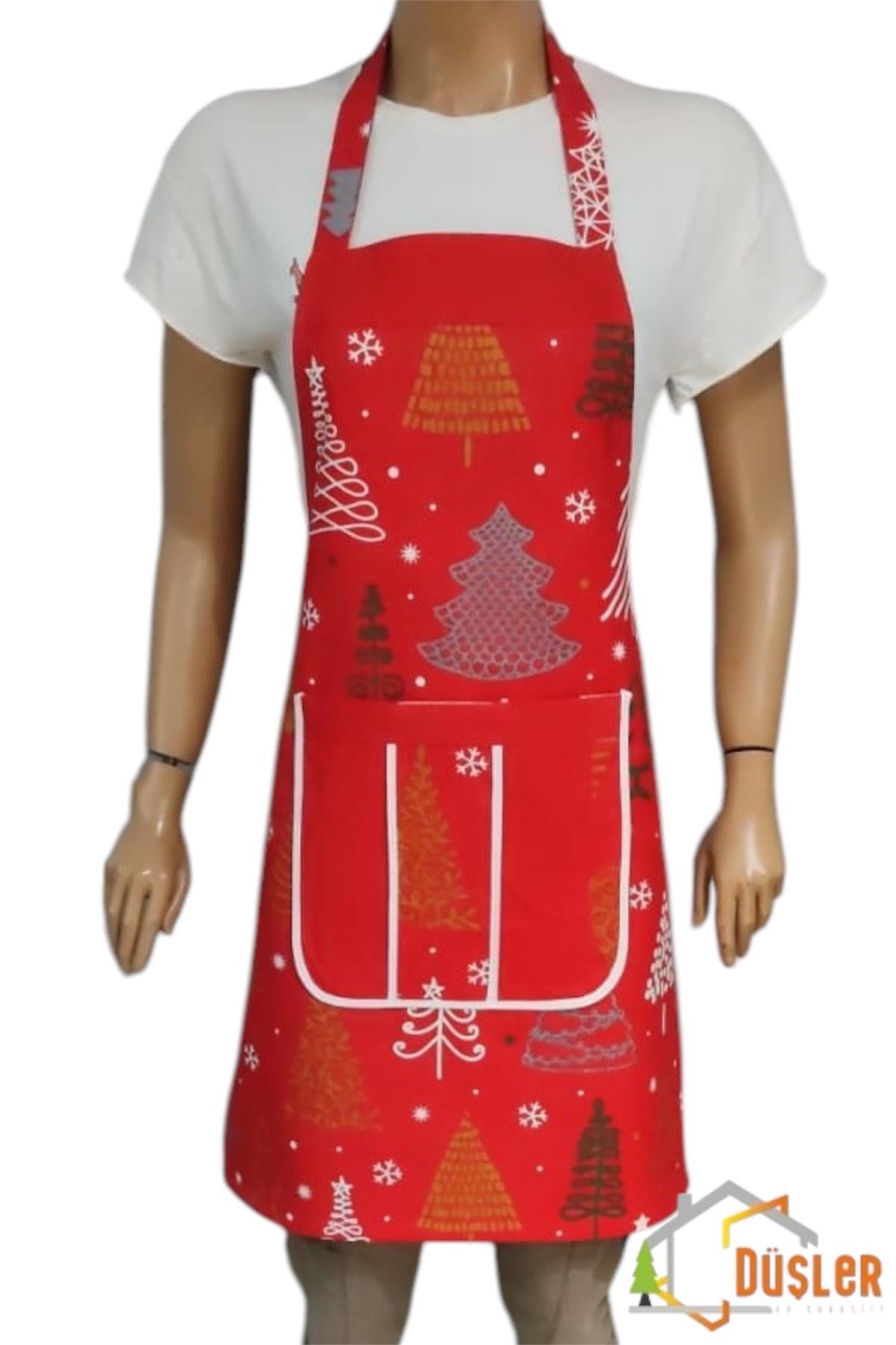 Kırmızı Yılbaşı Çam Desenli Cepli Mutfak Önlüğü