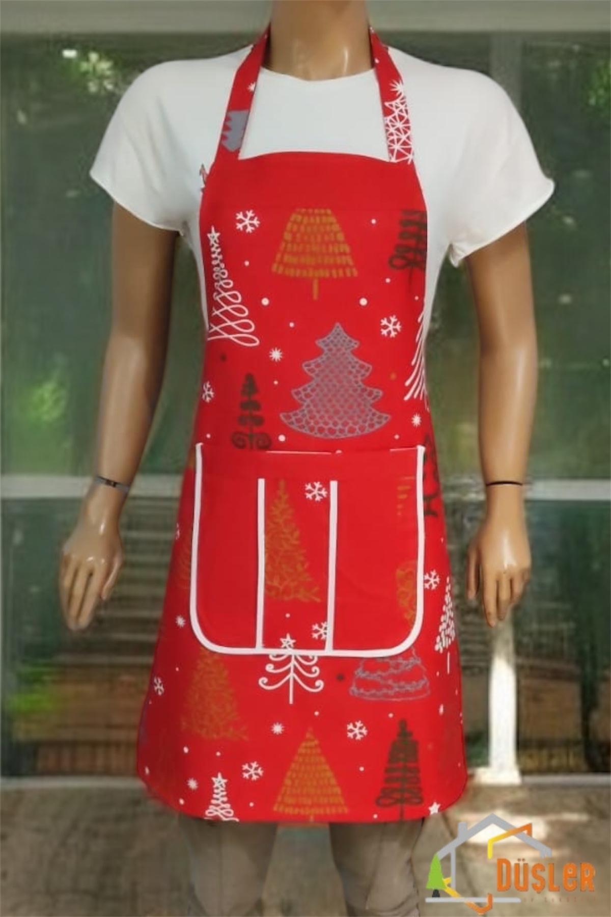 Kırmızı Yılbaşı Çam Desenli Cepli Mutfak Önlüğü