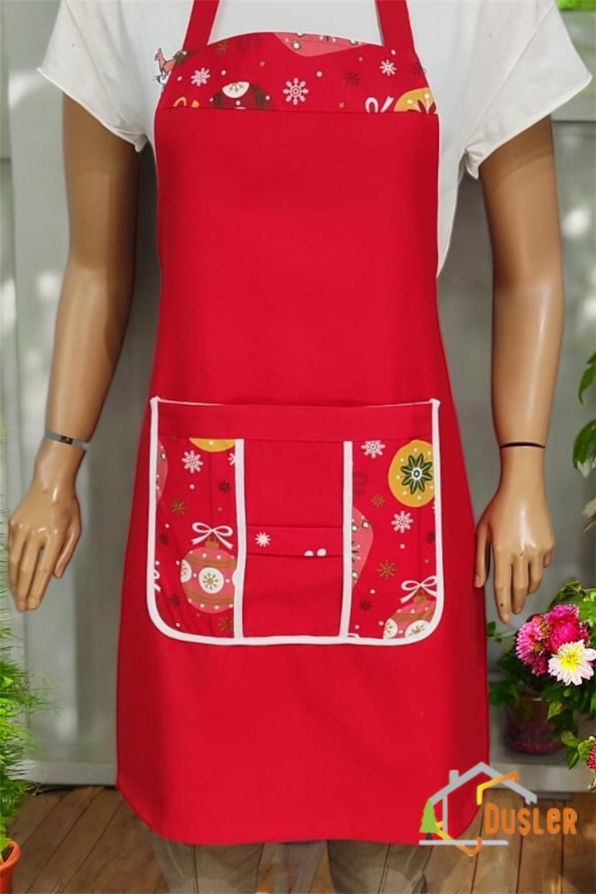 Kırmızı Yılbaşı Hediye Fiyonk Cepli Desenli Mutfak Önlüğü