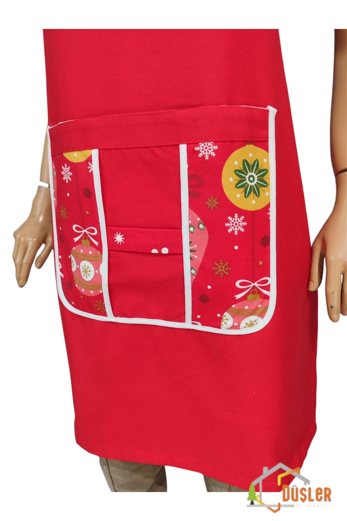 Kırmızı Yılbaşı Hediye Fiyonk Cepli Desenli Mutfak Önlüğü