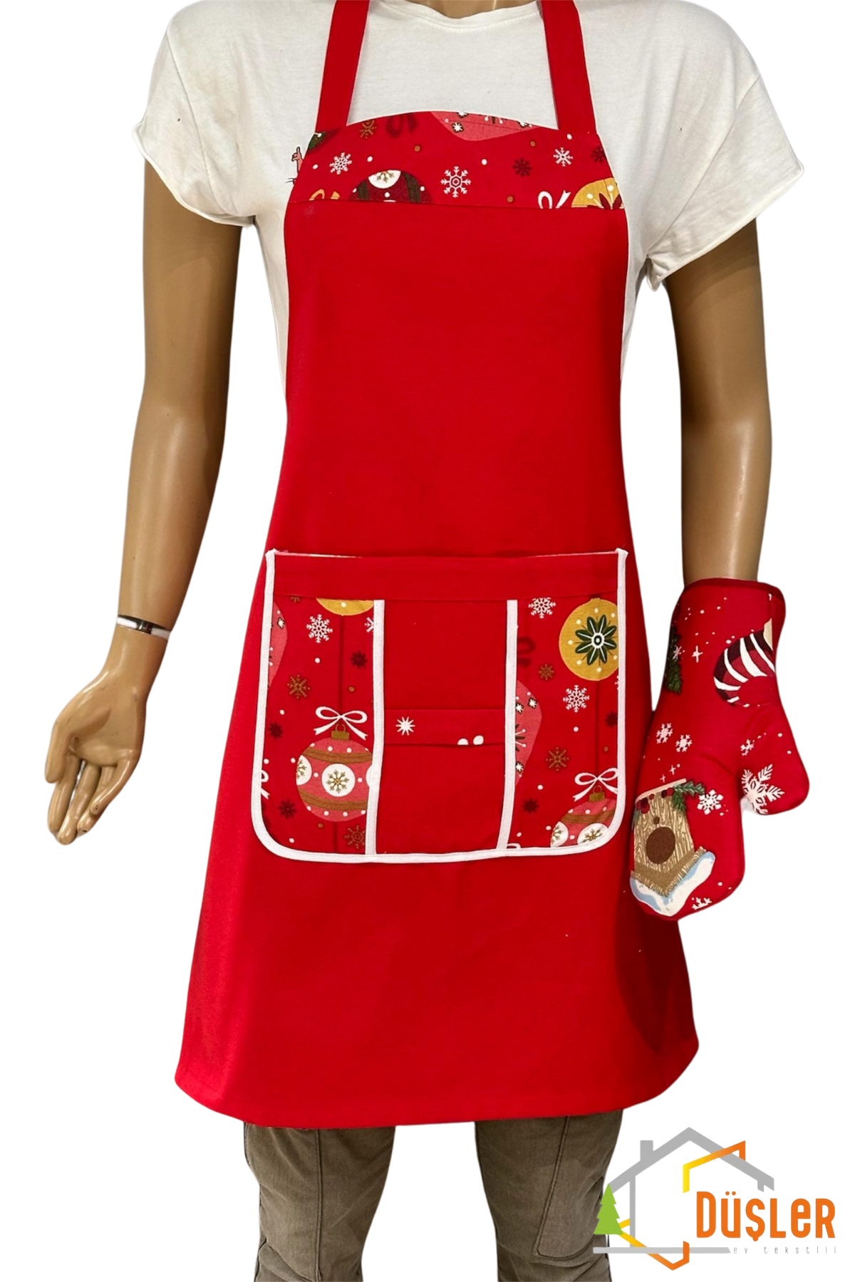 Kırmızı Yılbaşı Hediye Fiyonk Cepli Desenli Mutfak Önlüğü