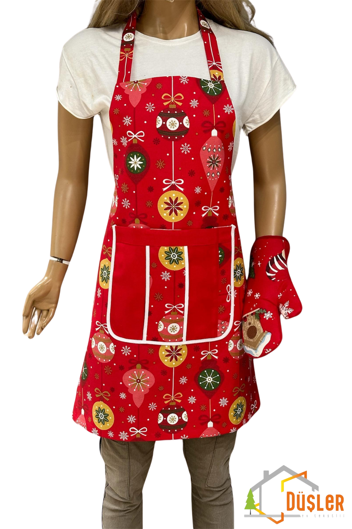 Kırmızı Yılbaşı Hediye Fiyonk Desenli Cepli Mutfak Önlüğü