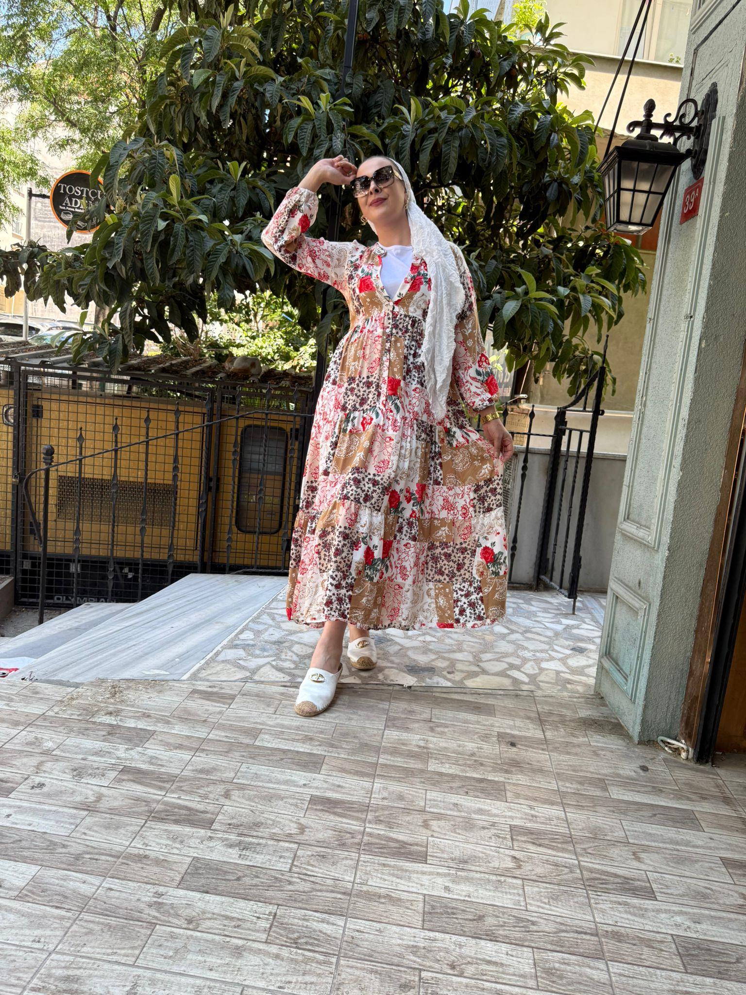 Bej Basma Desen Elbise