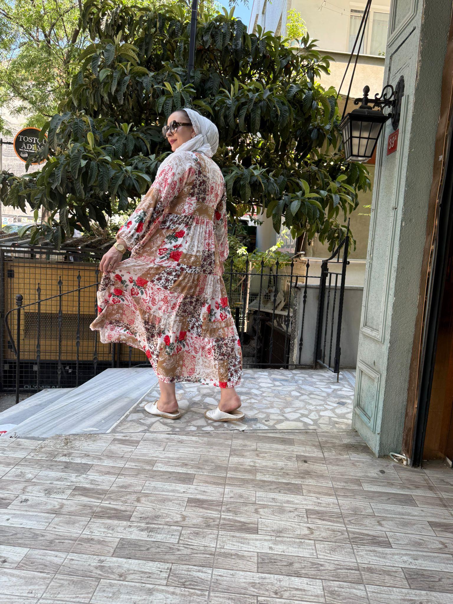 Bej Basma Desen Elbise