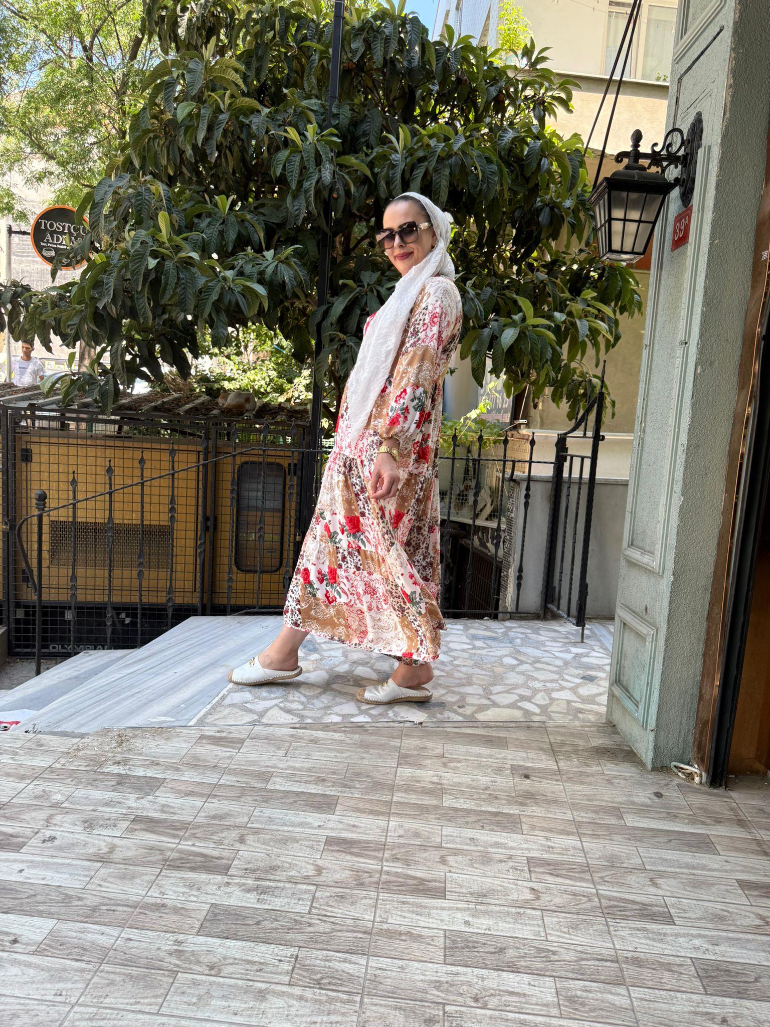 Bej Basma Desen Elbise