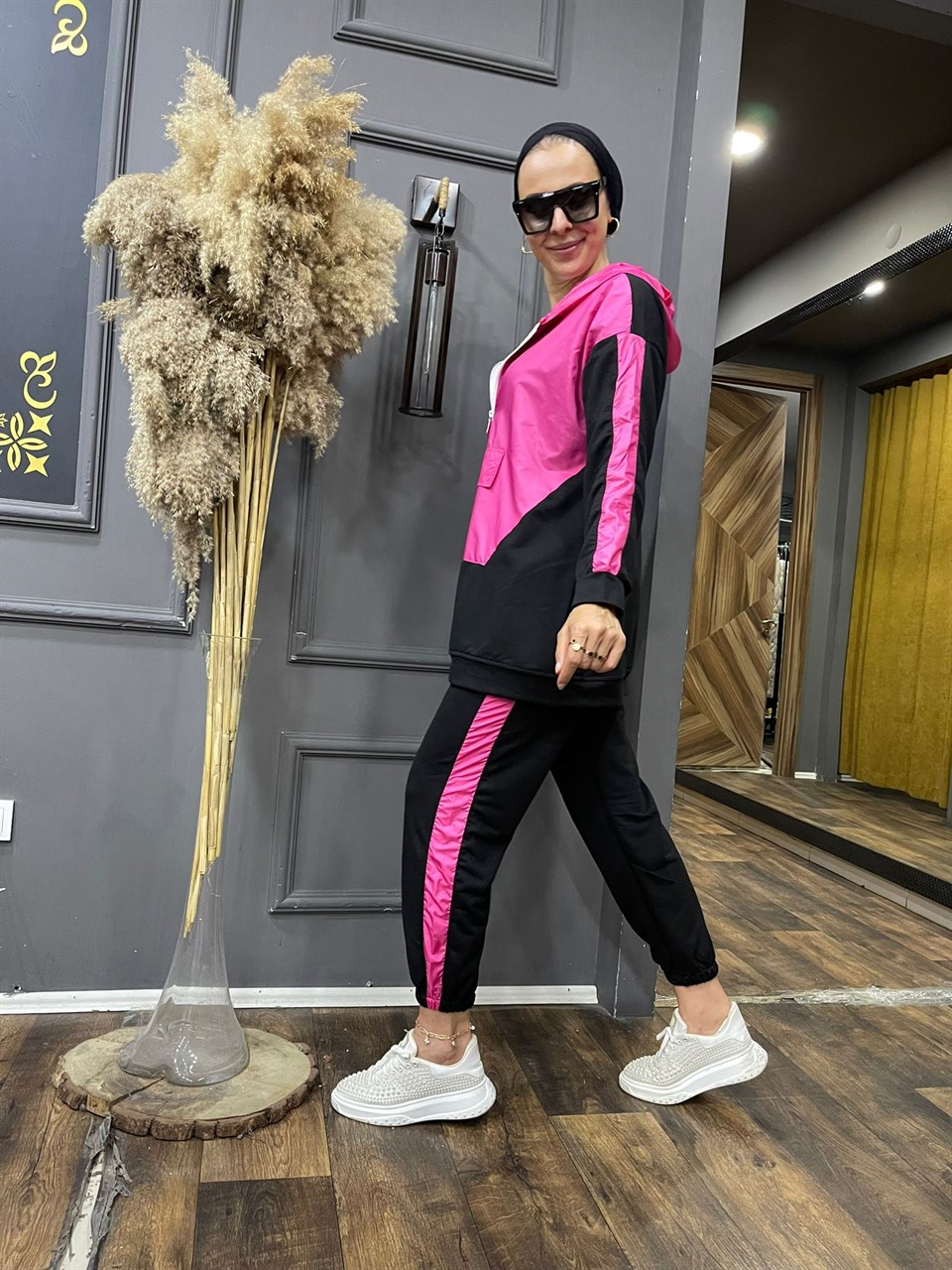 Paraşütlü Kahve Siyah Pembe Eşofman Takımı
