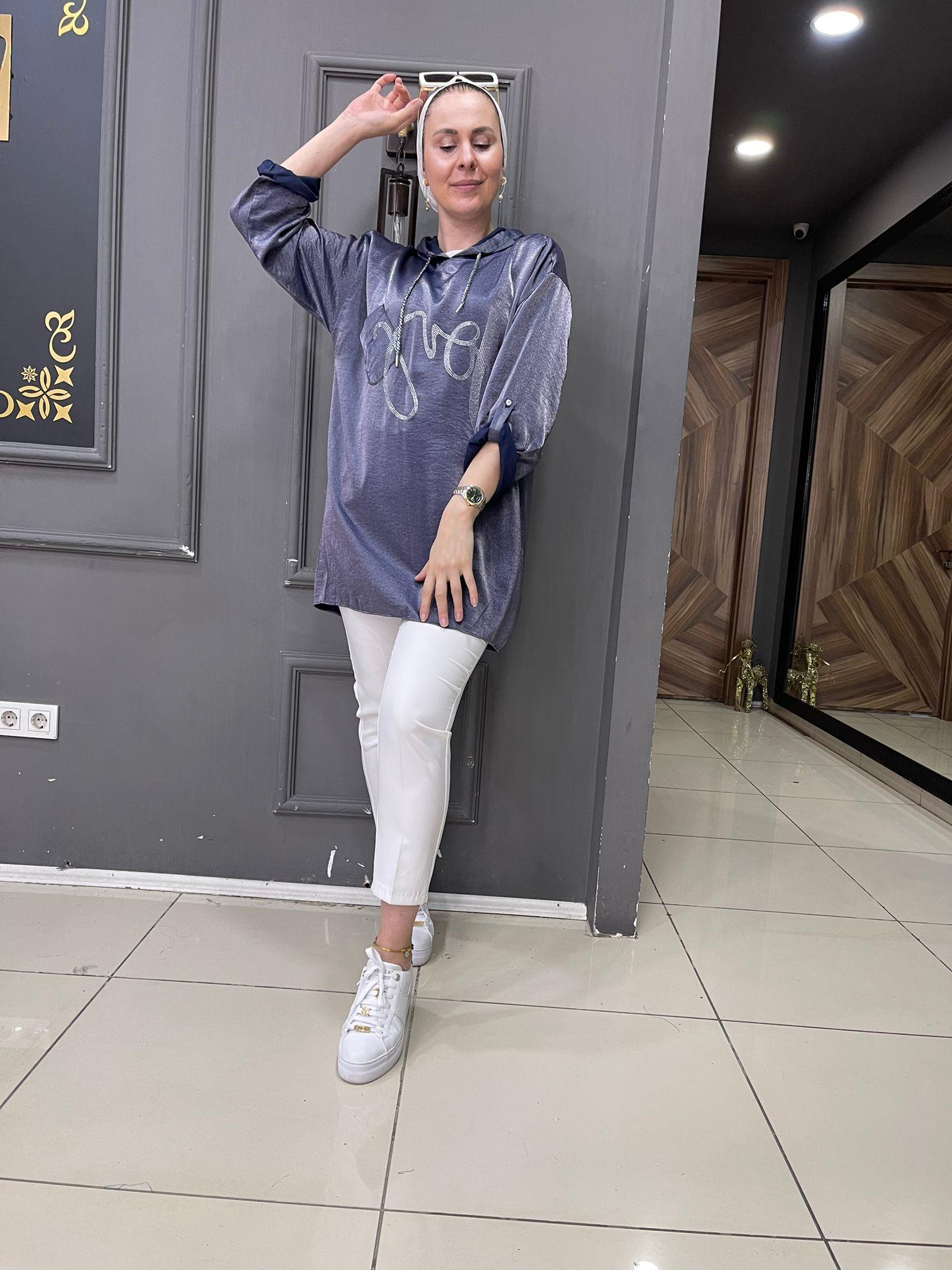 Saten Taşlı Sweat Mor