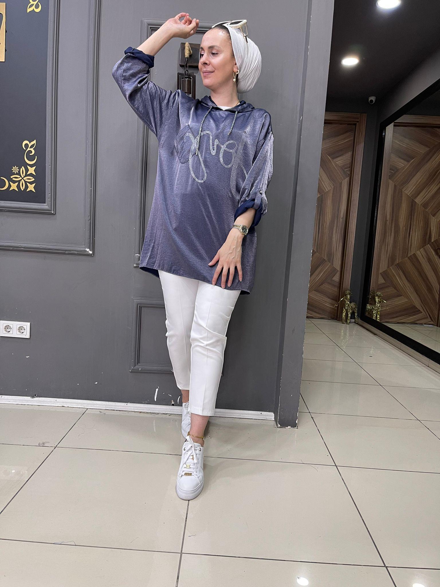 Saten Taşlı Sweat Mor