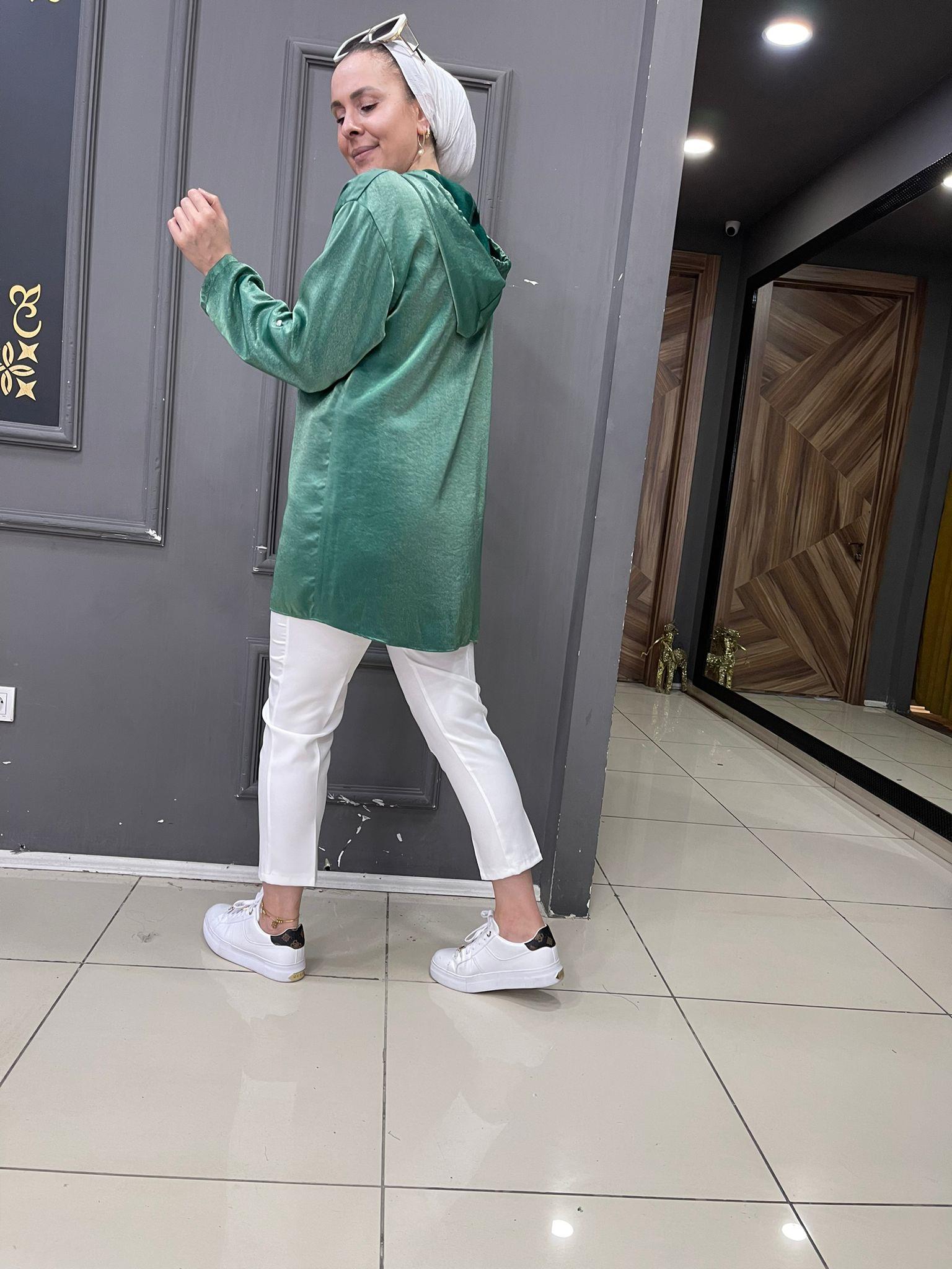 Saten Taşlı Sweat Yeşil