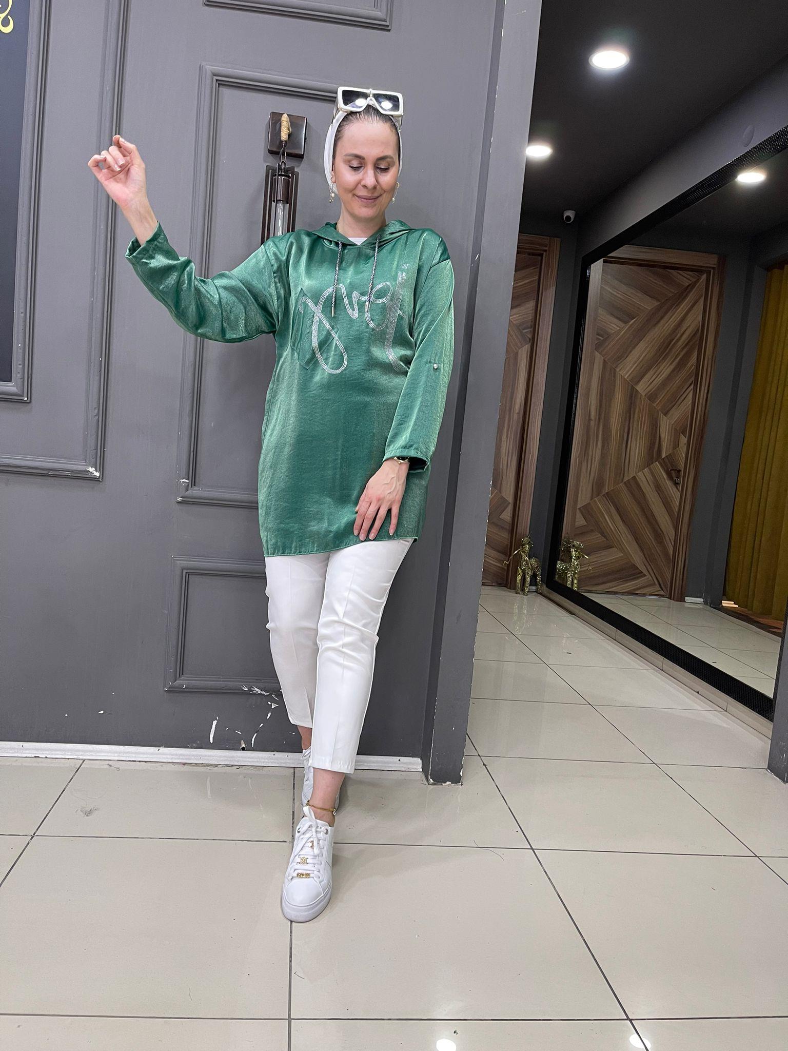 Saten Taşlı Sweat Yeşil